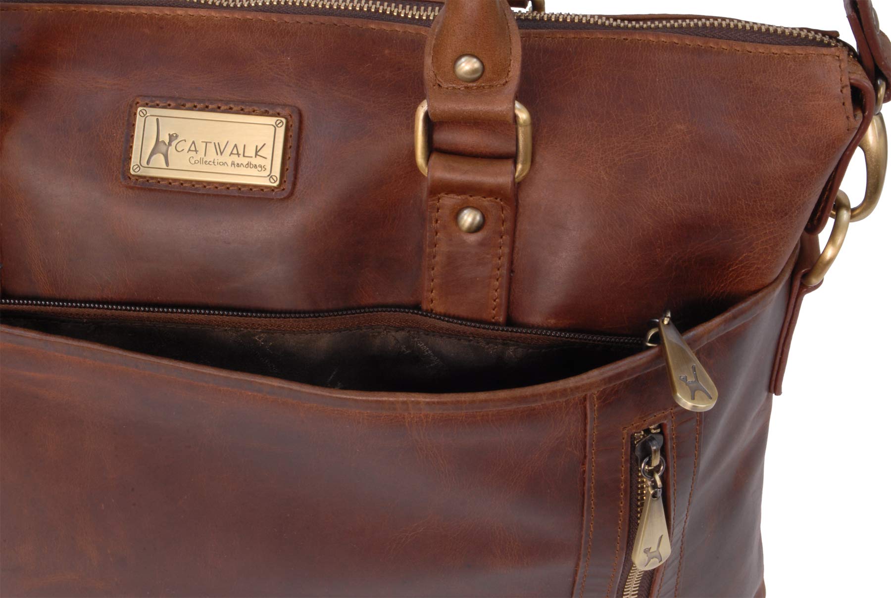 Catwalk Collection Handbags - Grand Cabas Femme Cuir - Sac de Travail/Sac Porté Épaule Avec Bandoulière - Sacoche Ordinateur - Adele - Marron