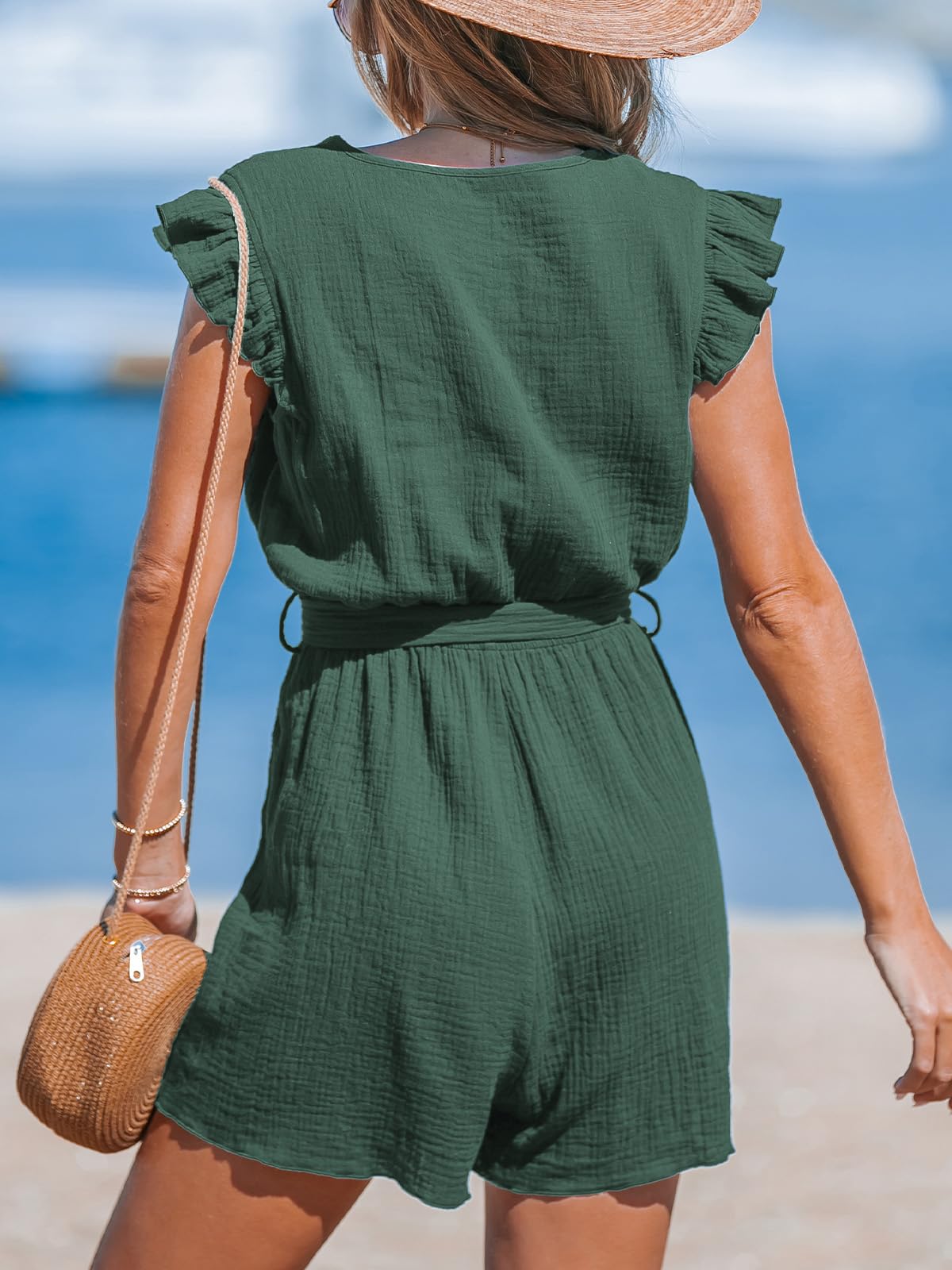 CUPSHE Combinaison pour femme - Col en V - Aspect portefeuille - Manches flottantes - Jambes larges - Combinaison d'été courte - Combi-short ample