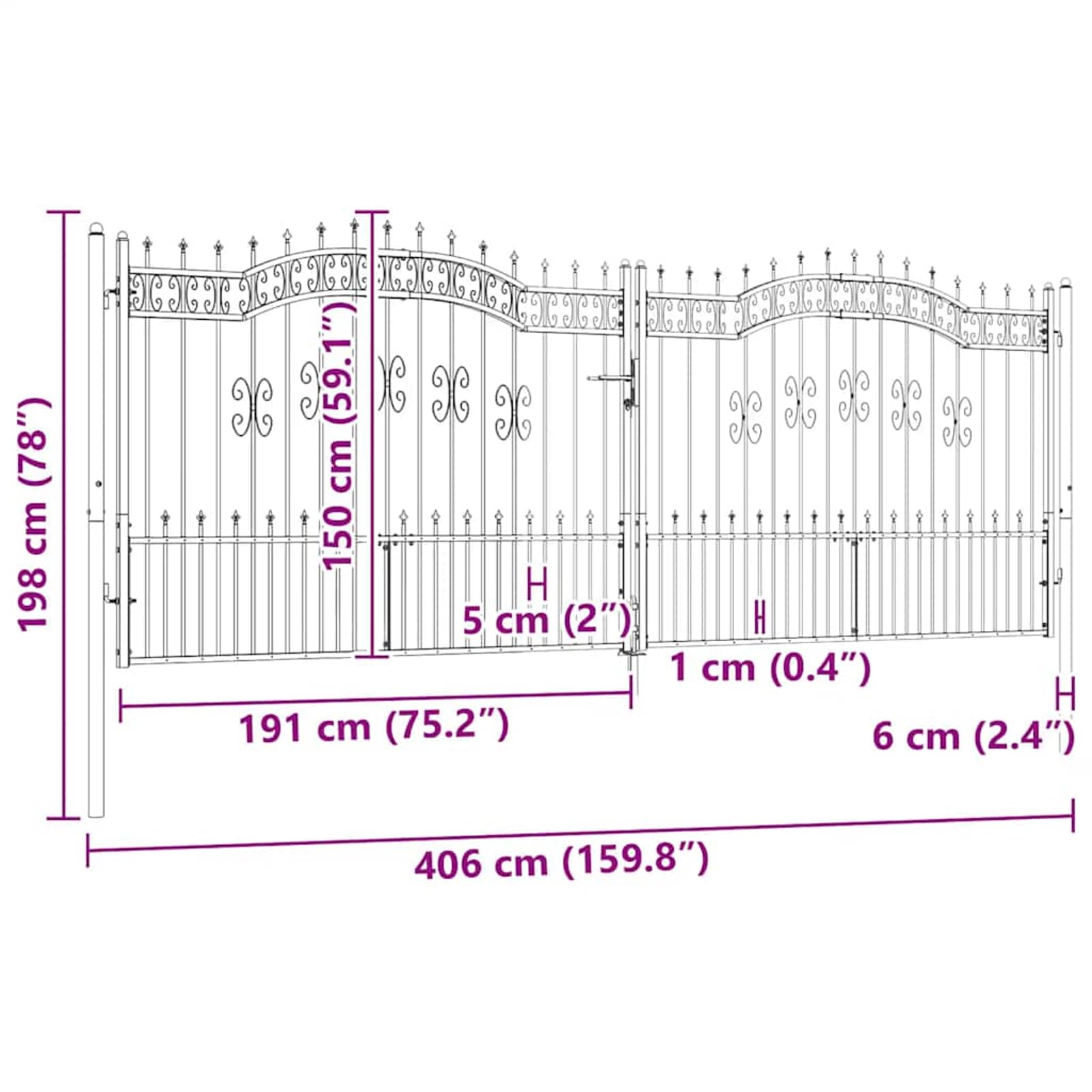 Tidyard Cancello per Recinzione in Acciaio Verniciato a Polvere, Design Sicurezza, Chiusura Rapida, Dimensioni 406x198 cm, per Giardino