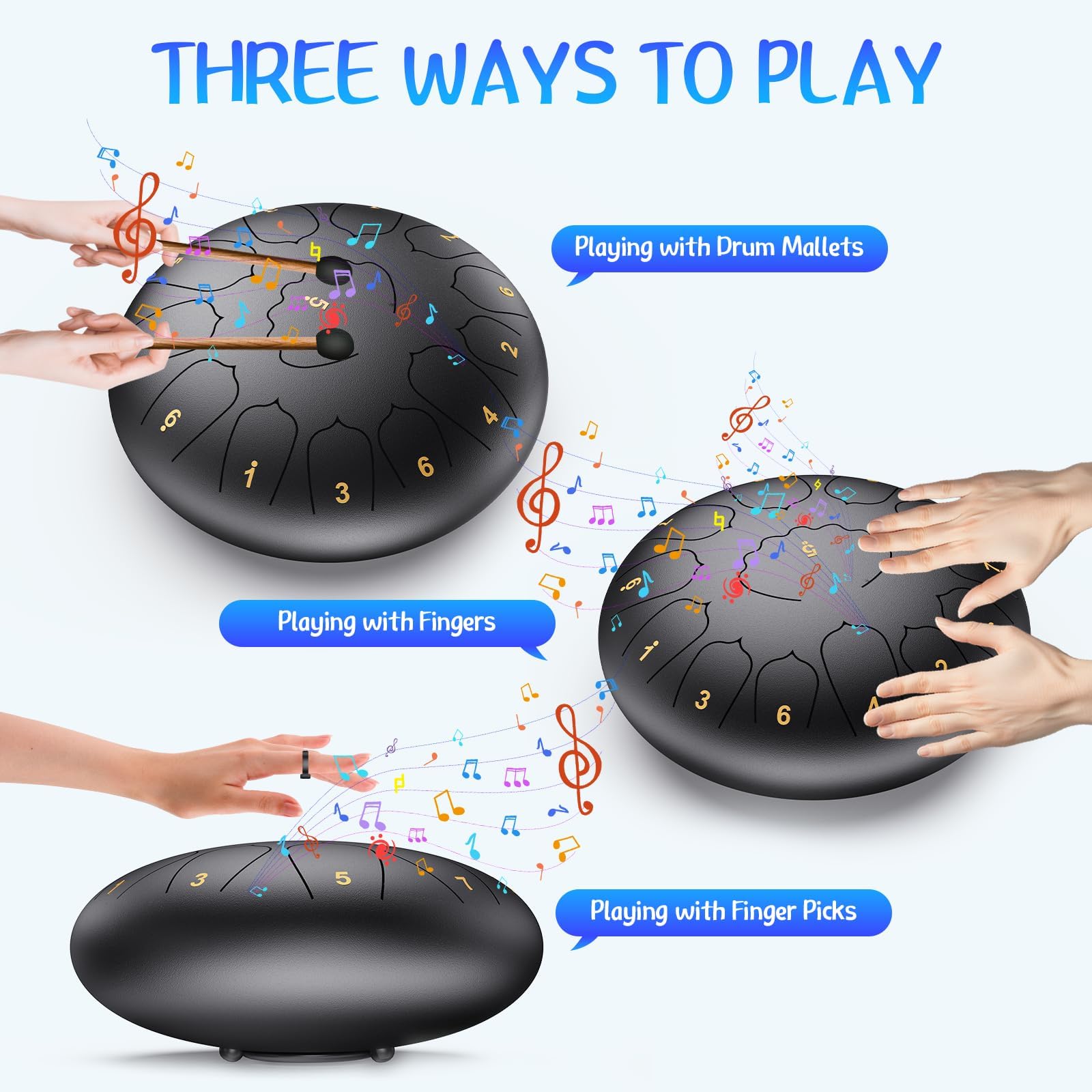 Tambor de lengua profesional de acero para adultos y niños, instrumento de percusión de mano de 8/12 pulgadas con notas de 11/13 para yoga, meditación, musicoterapia y conciertos (negro, 12 pulgadas)