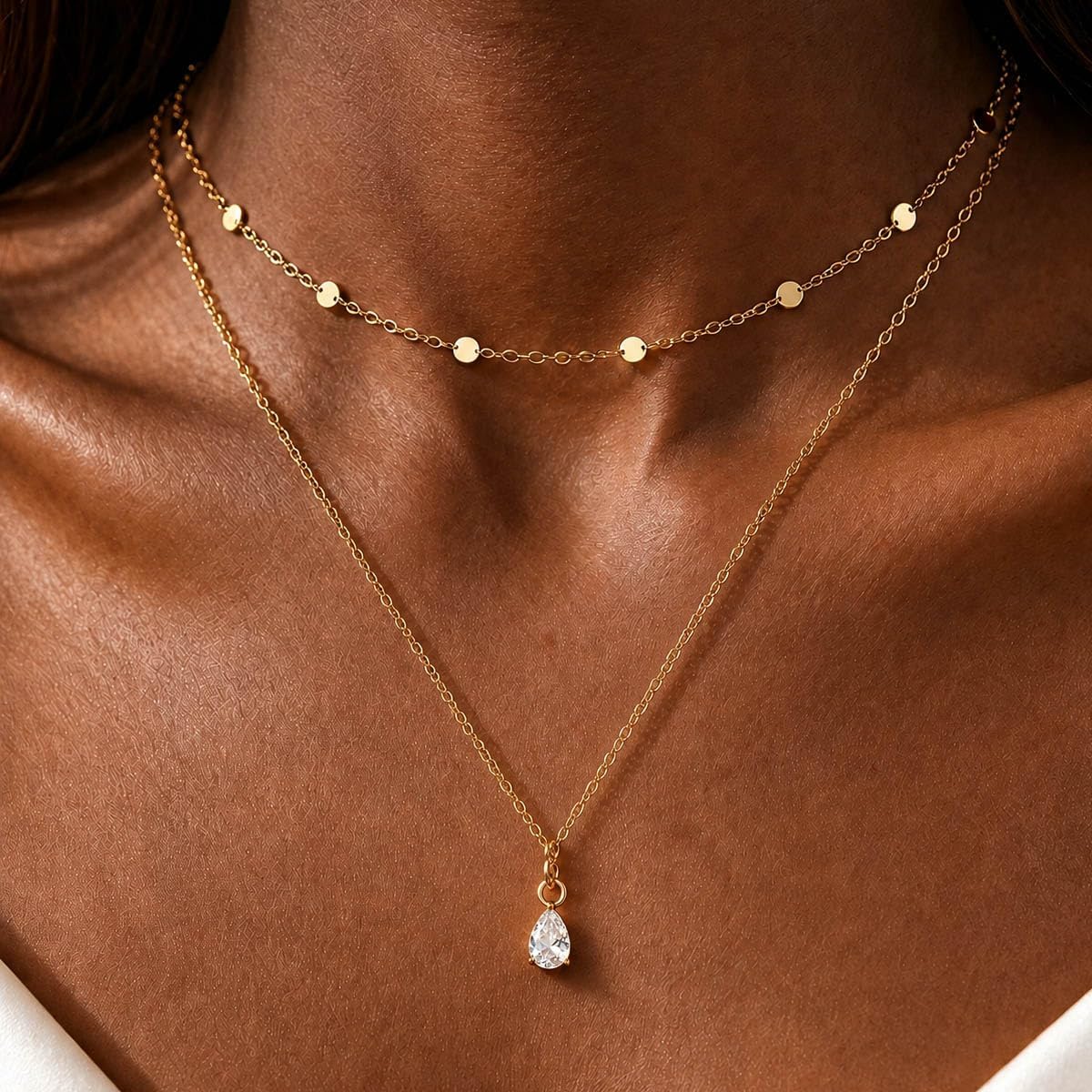 Layered Gold Silver Necklaces for Women 14K GoldPlated Dainty Teardrop CZ Pendant Necklace DoubleLayer Choker Necklace Minimalist Trendy Jewelry Gift for Women