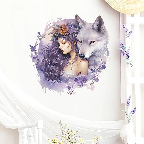 Calcomanías de pared de niña lobo púrpura vívida, calcomanías creativas de pared de arte frío de belleza fría, vinilo extraíble para despegar y