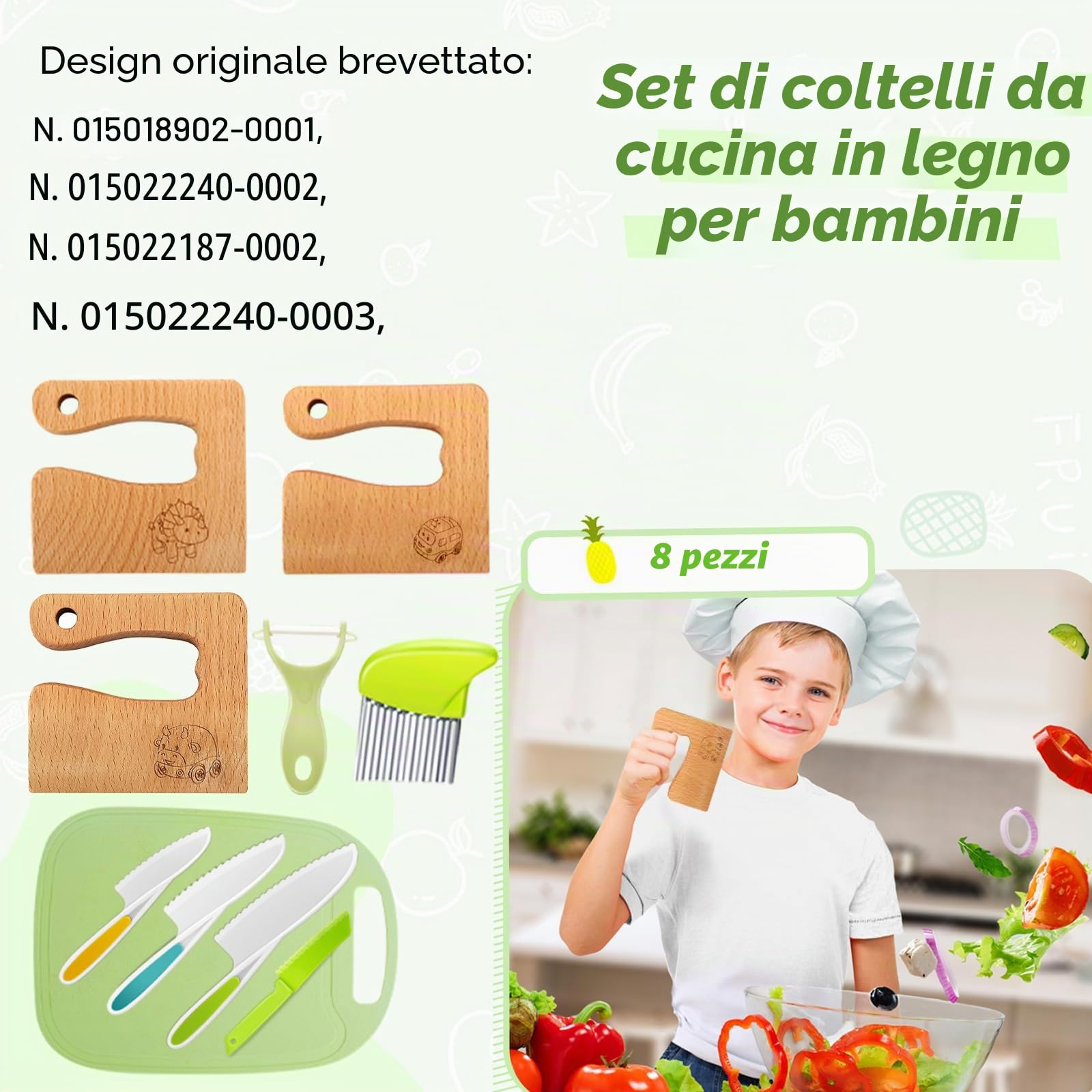 Goodchef Set di coltelli da cucina per bambini, 8 pezzi, per tagliare e cucinare frutta o verdura per bambini, con coltello in legno
