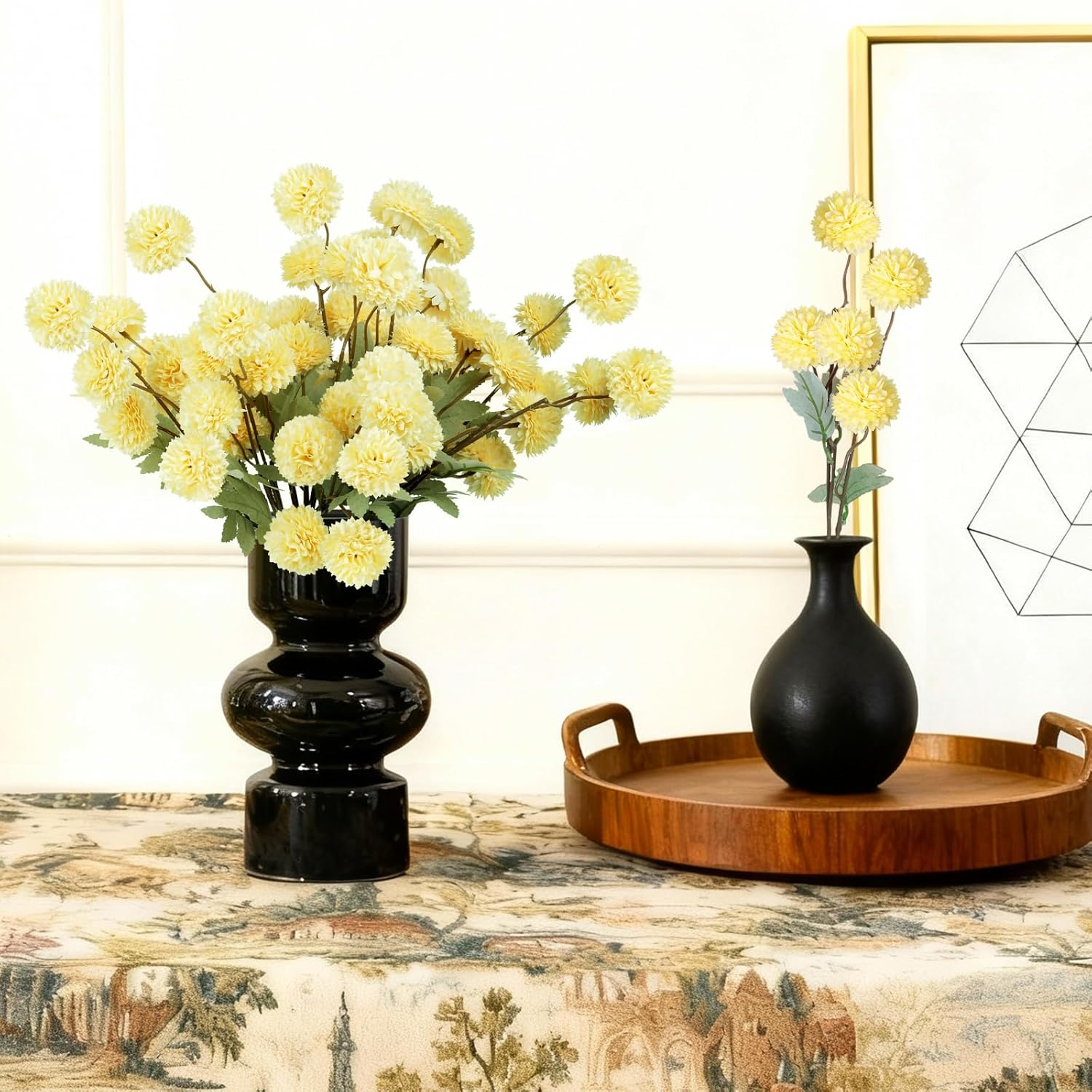 INQCMY Artificial Flowers 12pcs Ball Chrysanthemums for Weddings Silk with Stemsdiy Champagne Bouquets Indoor and Outdoor Decoration Kitchen Table Decor (Yellow)