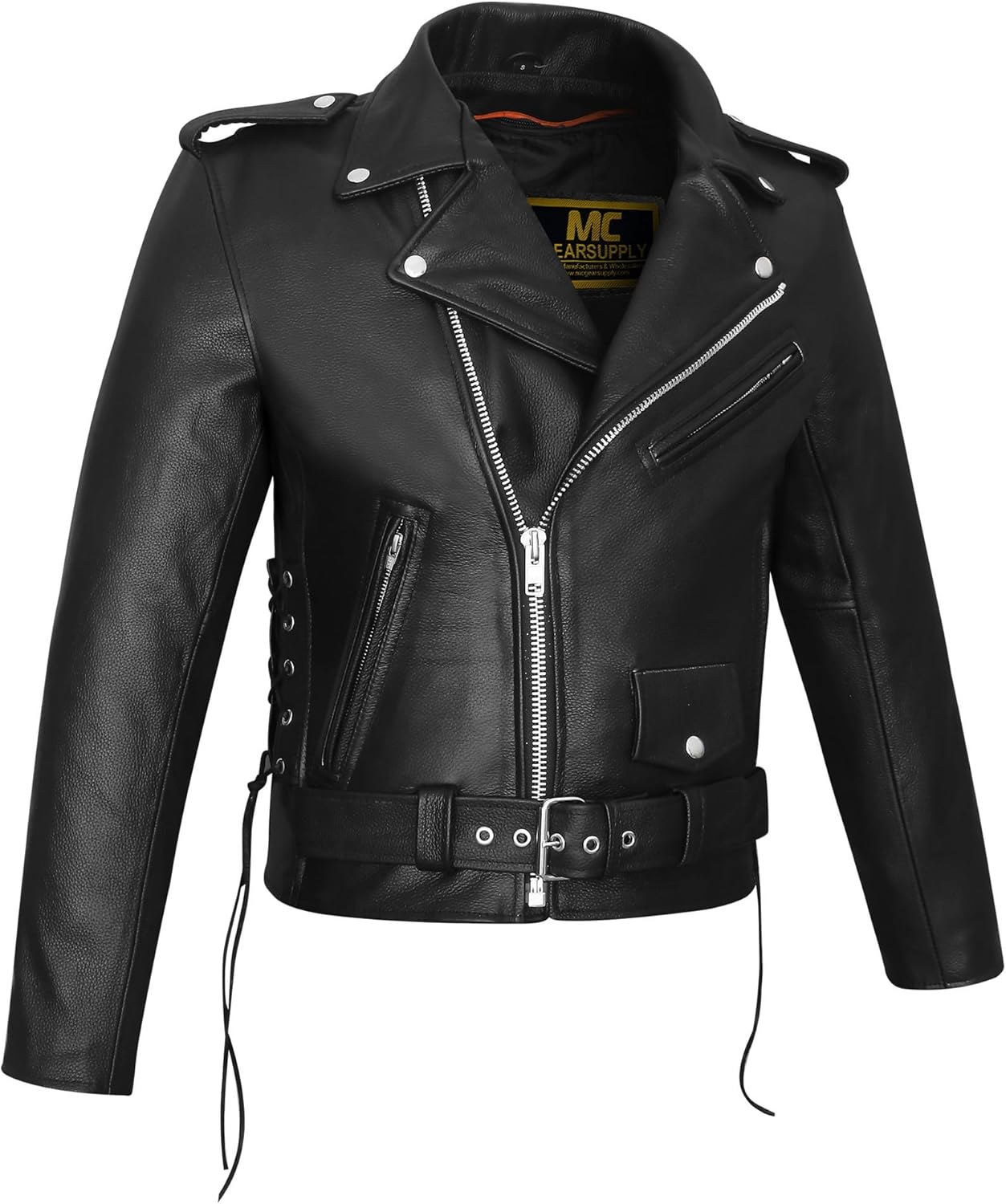 Men’s Classic Rider Leather Motorcycle Jacket,Premium Cowhide, Side Lace Fit Adjustment inside Pockets - Image 3