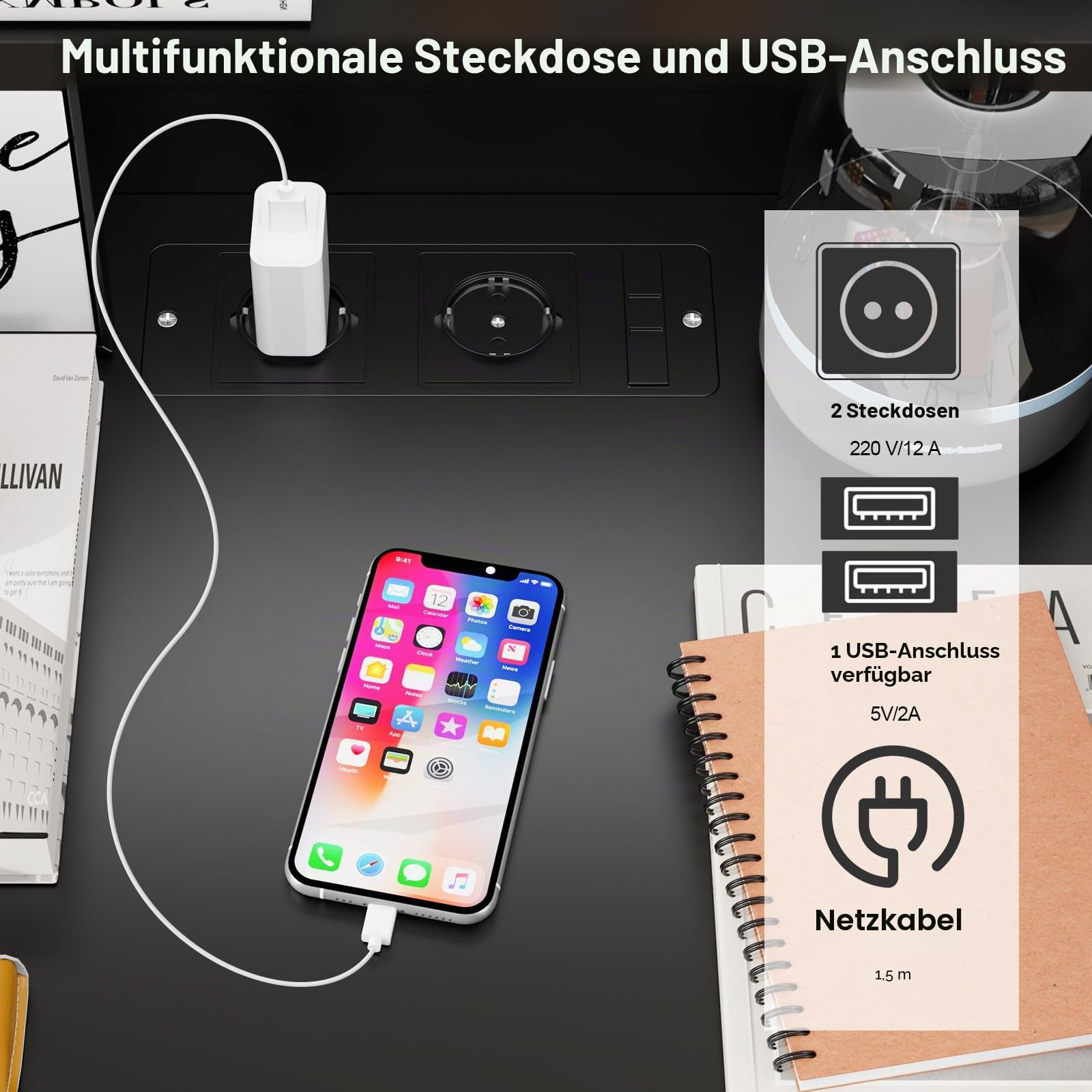 Nachttisch LED mit Steckdose & USB, Nachtschrank mit 2 Schubladen und offenem Ablagefach, Smart Nachttische mit LED-Beleuchtung, Nachttische Schwarz 45x35x73cm, Modern Nachtschrank Tisch