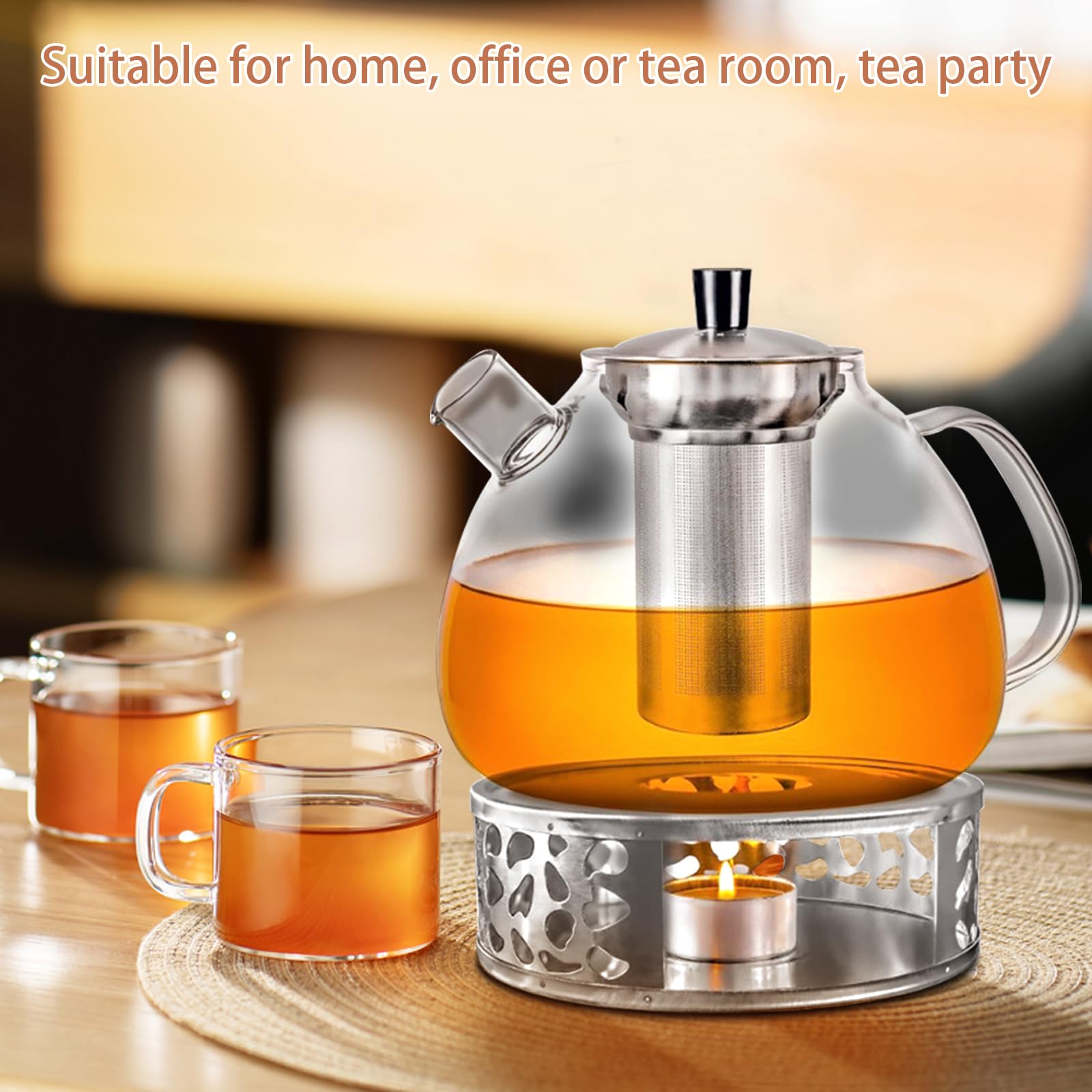 1500ML Teekanne mit Siebeinsatz aus Glas, mit Stövchen, Teapot with Strainer, Teekanne mit Teelicht Wärmer, für Losen Tees Fruchttee Duftender Tee (GlasteekanneSet)