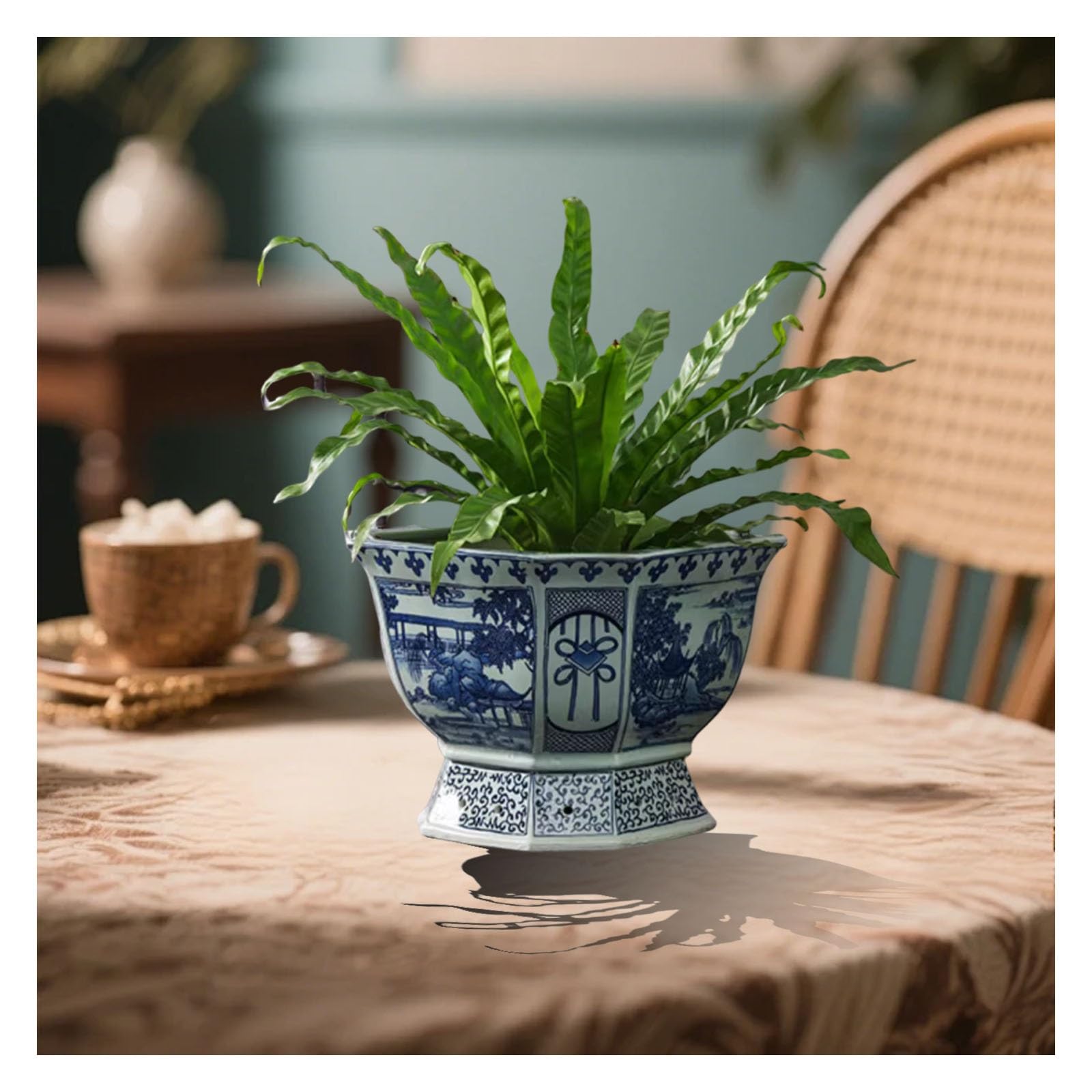 Chiński styl niebiesko-biała ceramiczna doniczka na kwiaty z otworami drenażowymi, dekoracyjna donica bonsai do dekoracji domu, biura, kawiarni i ogrodu