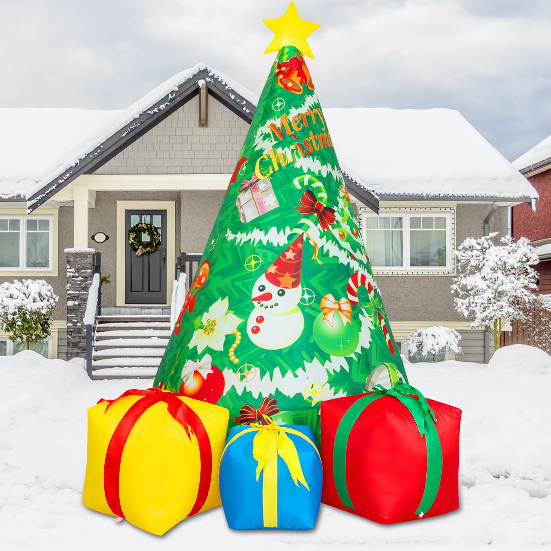 Comin Bonhomme de Neige Gonflable de Noël avec Une boîte, décoration de Cour Gonflable avec lumières LED intégrées pour Les Vacances, Les fêtes, Noël, la Cour, Le Jardin