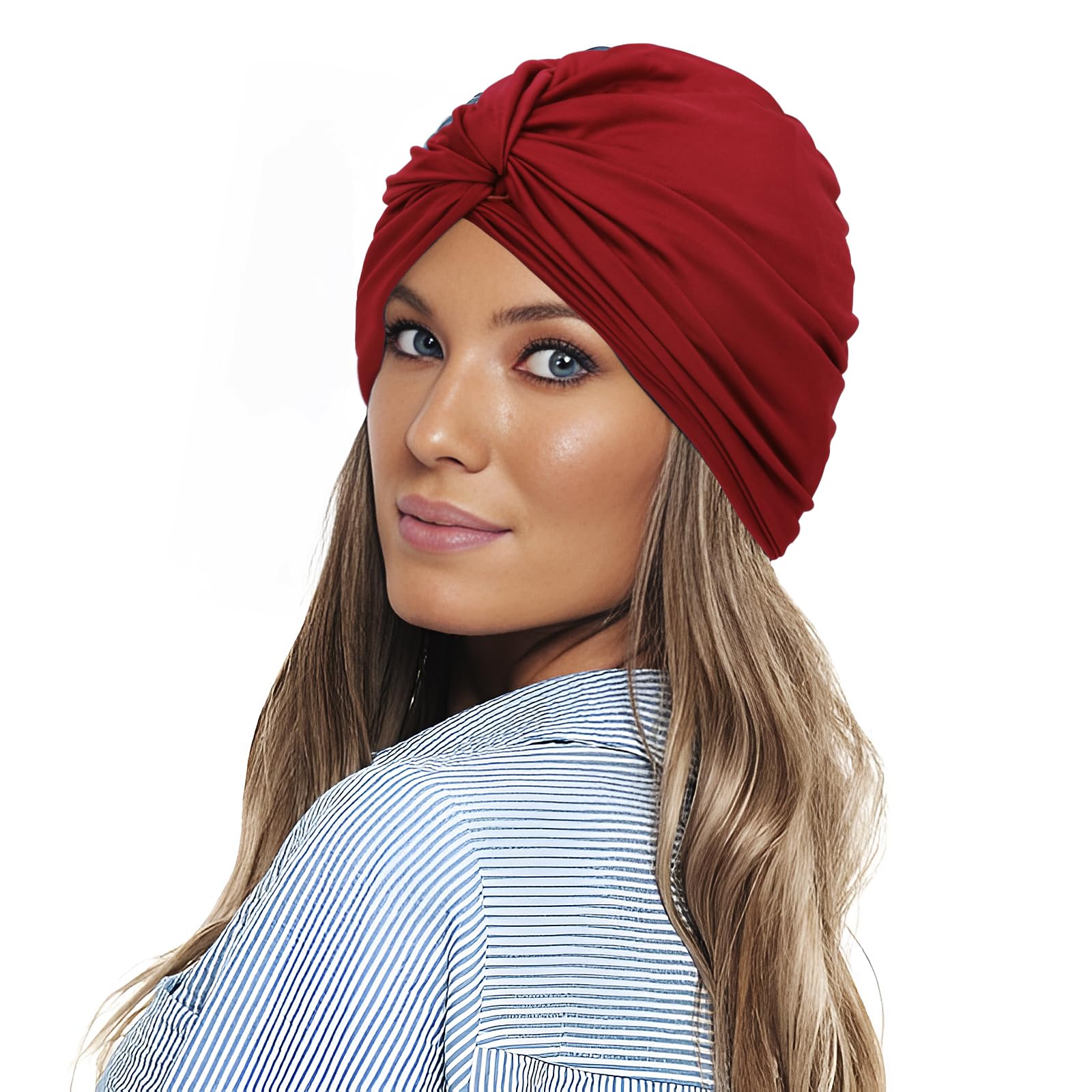Women Swimming Cap Elastic Cloth Fabric Swim Shower Cap Non-Waterproof Pool Beach Surfing Bathing Beanie Hat Knotted Turban Chemo Night Sleep Hat Headwear Head Wrap for Long Short Hair Ears Protection