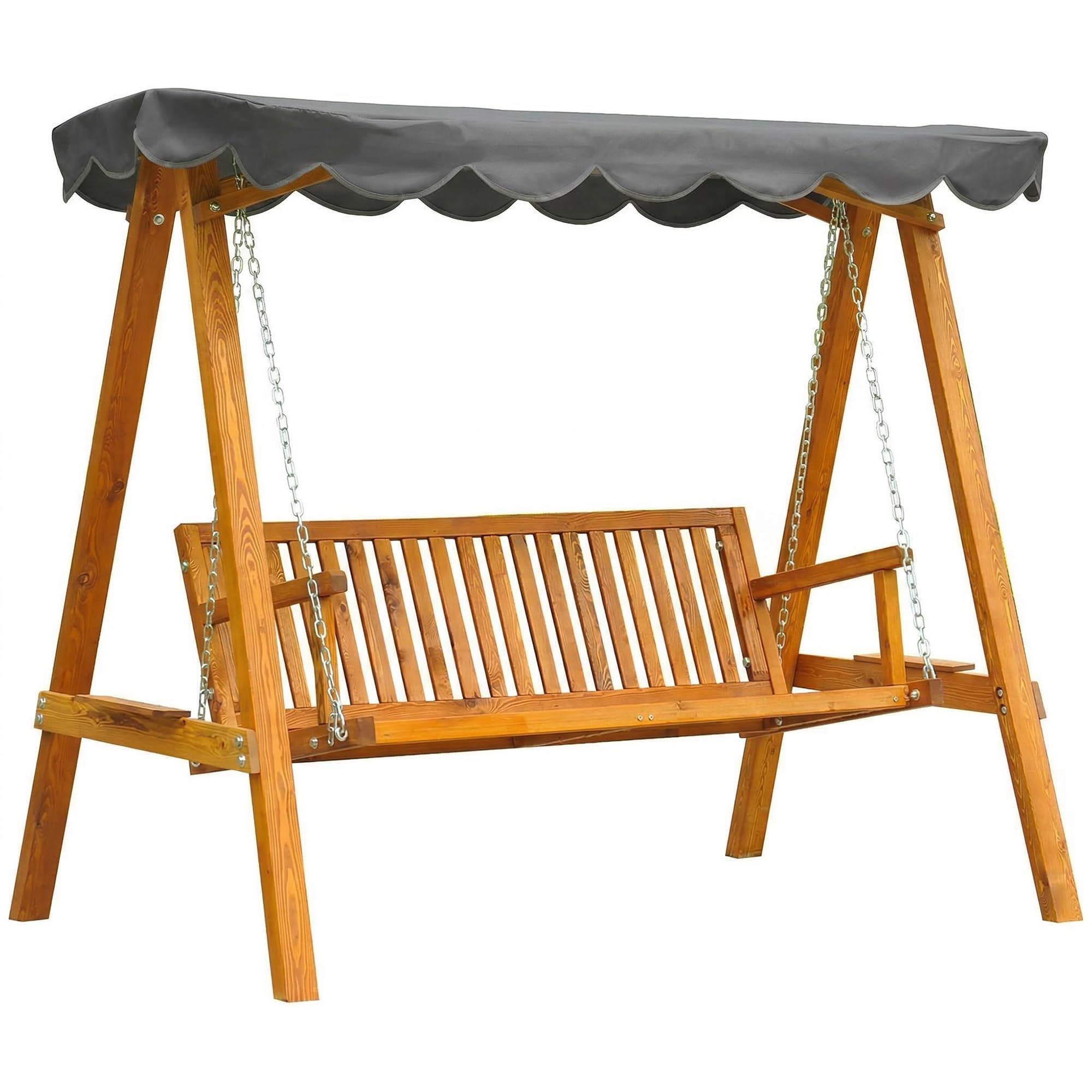 Outsunny Dark Grey 3 Seater Garden Swing Seat With Canopy, Wooden Swing Chair, Outdoor Hammock Bench For Balcony Patio Porch,