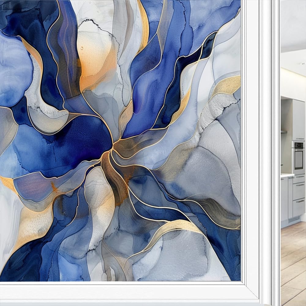 Colorful Texture Stained Glass Window Film, Abstract Marble Colorful Patterns Decorative Frosted Glass Privacy Film, Heat Control Static Cling Window Sticker 70x120 cm