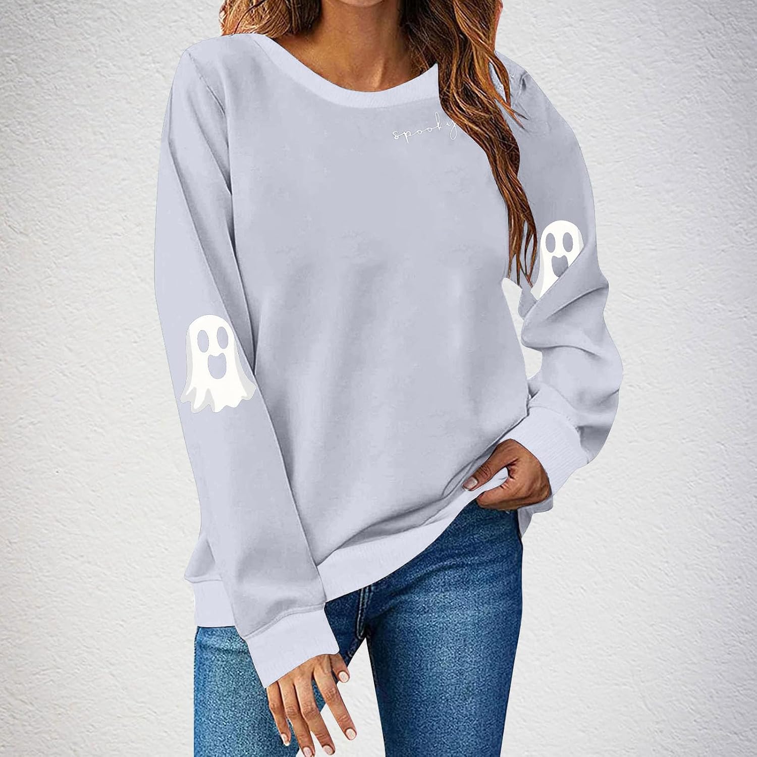 Funny Halloween Sweatshirt for Women Spooky Season Long Sleeve Crewneck Tunic Pullover Tops Cute Ghost Fall Sweater