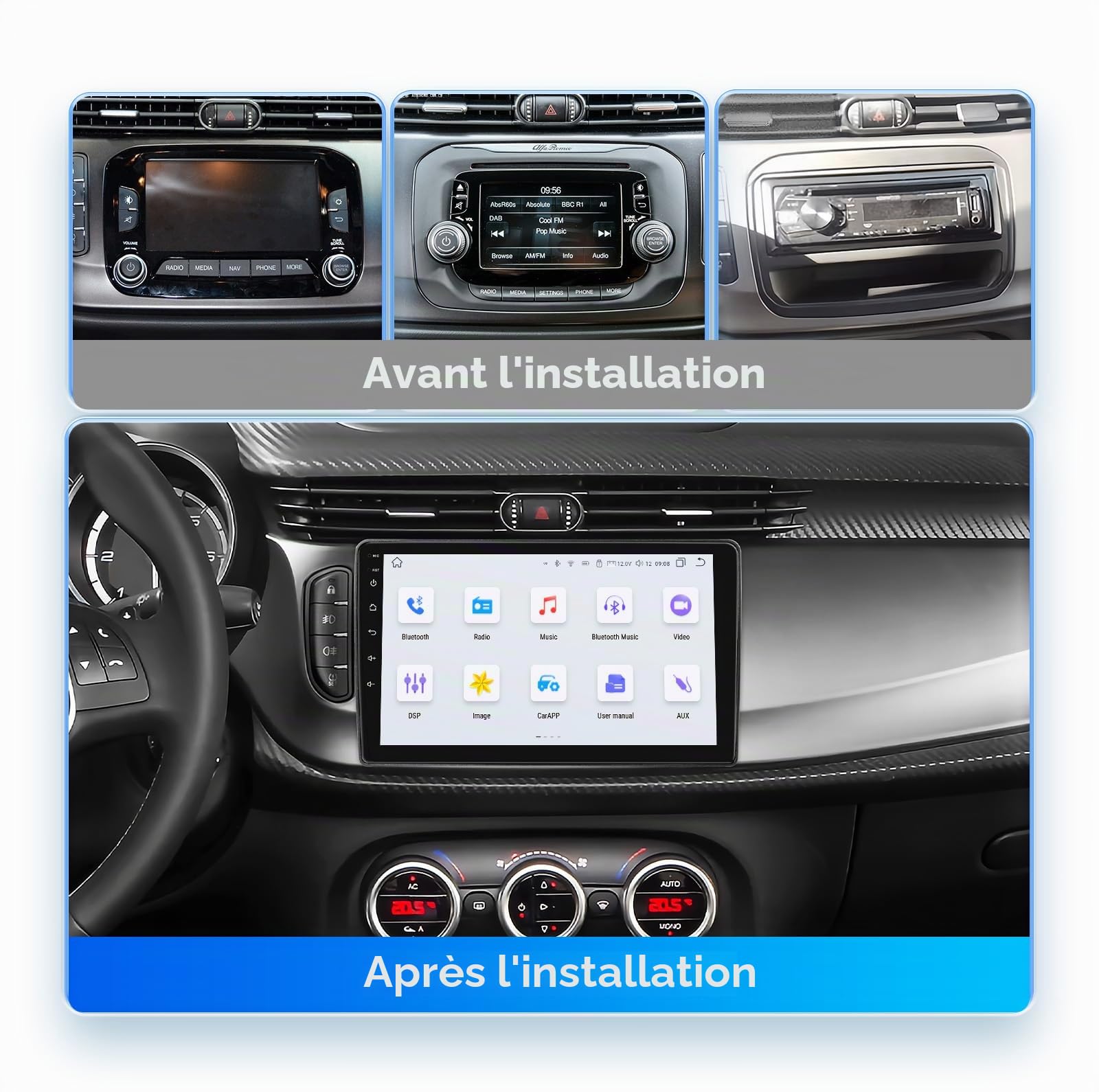 Radio de voiture Android 13 avec écran tactile de 9 pouces à 8 cœurs pour Alfa Romeo Giulietta 2015-2018 WiFi sans fil Android Auto et Wireless Carplay Bluetooth WiFi 4G GPS RDS AM/FM (pour 2015-2018)