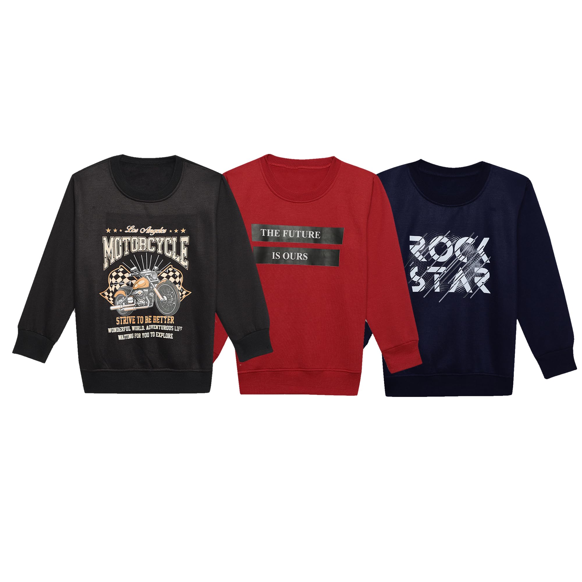 Mack Jonney Unisex-Child Printed Round Neck Cotton Fleece Sweatshirt (Pack of 3)