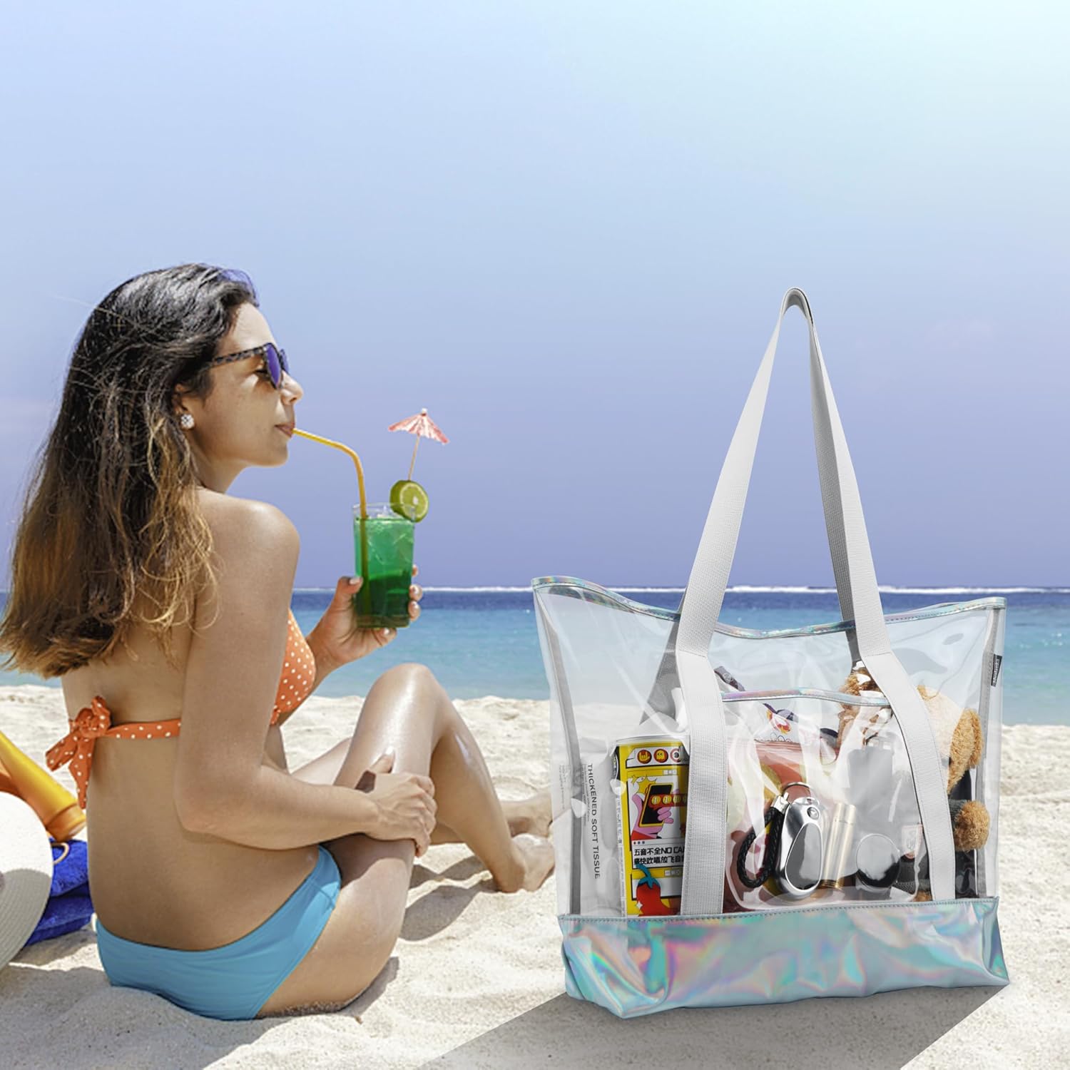 Large Clear Tote Bag, Stadium Approved Tote Bag for Work, Travel, Shopping (With Detachable Zipper Pocket)