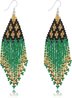 Handmade Bohemian Long Tassel Beaded Earrings - Boho Native Statement Dangle Fringe Earrings for Women