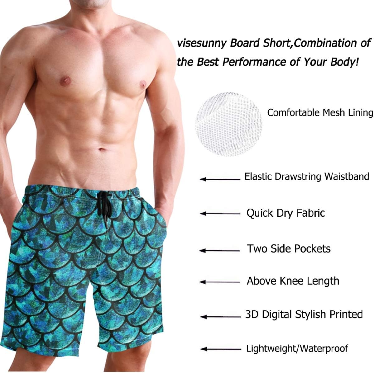 visesunny Blue Mermaid Scale Print Men's Swimtrunks Quick Dry Casual Mesh Lining Beach Board Shorts