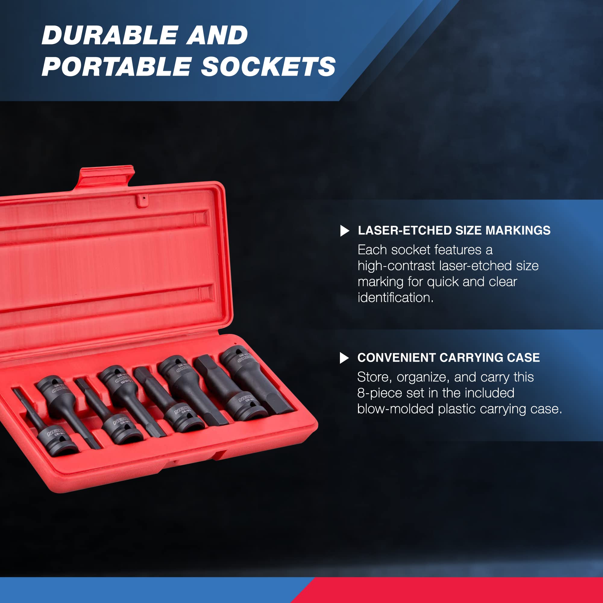 NEIKO 01137B 1/2-Inch-Drive Allen Socket Set, 3-Inch Length, 1/2-Inch Impact Hex-Bit Socket Set, SAE Hex Driver 1/4" to 3/4", CrMo Steel, Impact-Grade, 8-Piece Set