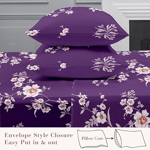 Miniatura 4 de YIYEA Sábanas de tamaño King  Estampado floral  Sábanas de microfibra cepillada de lujo  Sábanas ligeras y transpirables  Bolsillo profundo de 16