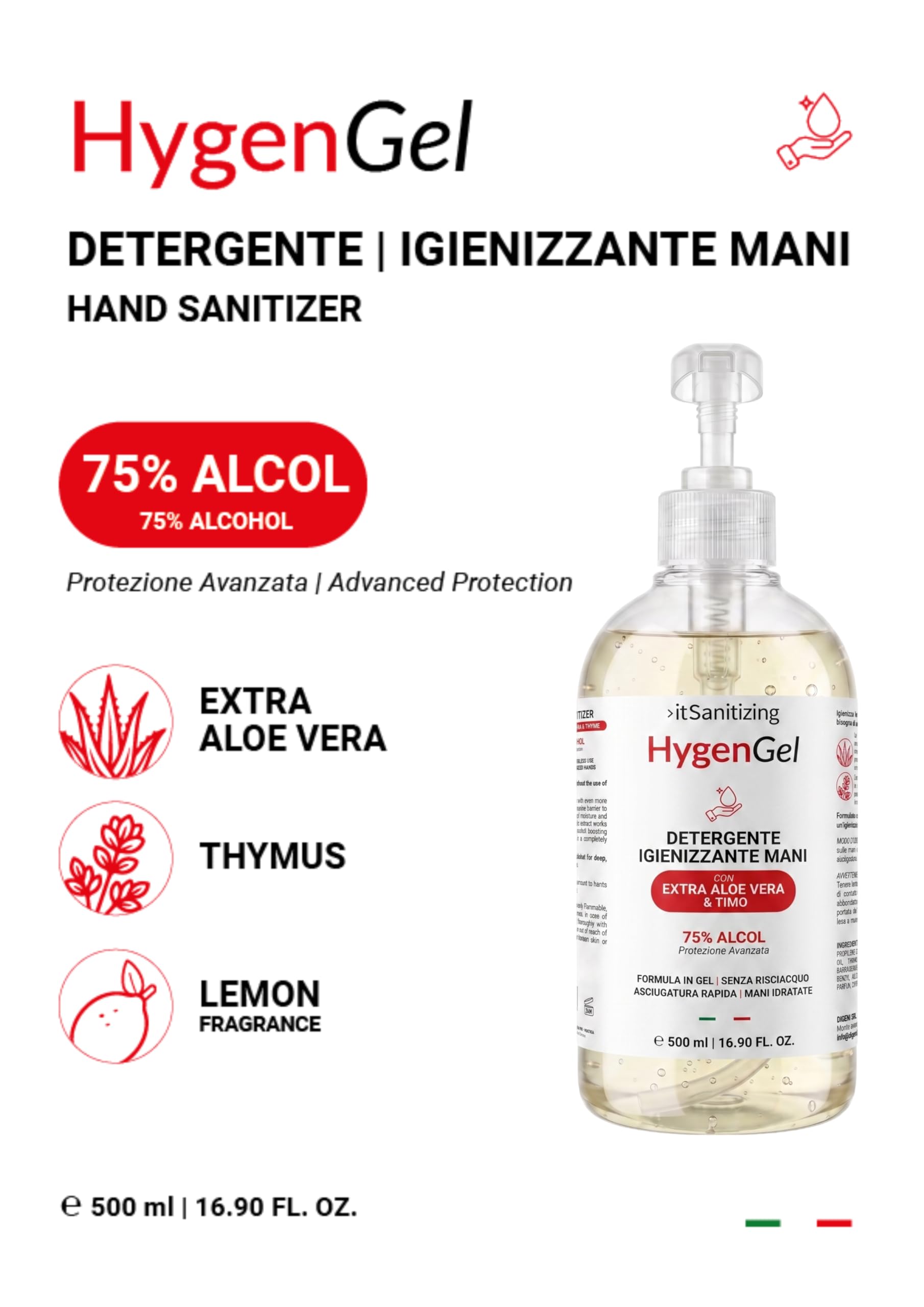 Hygen Gel Mani Disinfettante Antibatterico Alcool 75% 6 Litri - 12 Flaconi 500 ml z Aloe Vera i Tymianek