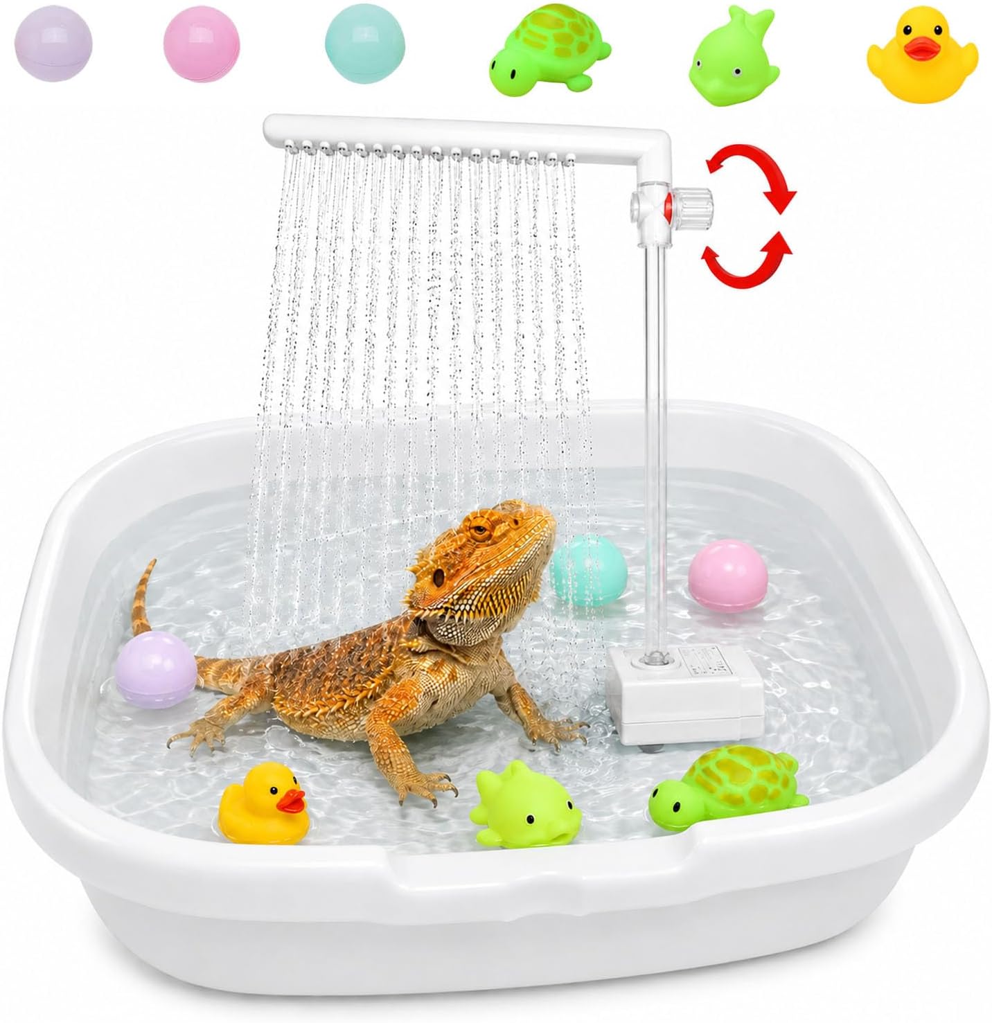 Adjustable Water Flow Bearded Dragon Shower with 3 Floating Toys & 3 Colorful Balls, Reptile Shower Kit, Bearded Dragon Pool Accessories, Reptile Bath Accessories for Lizards