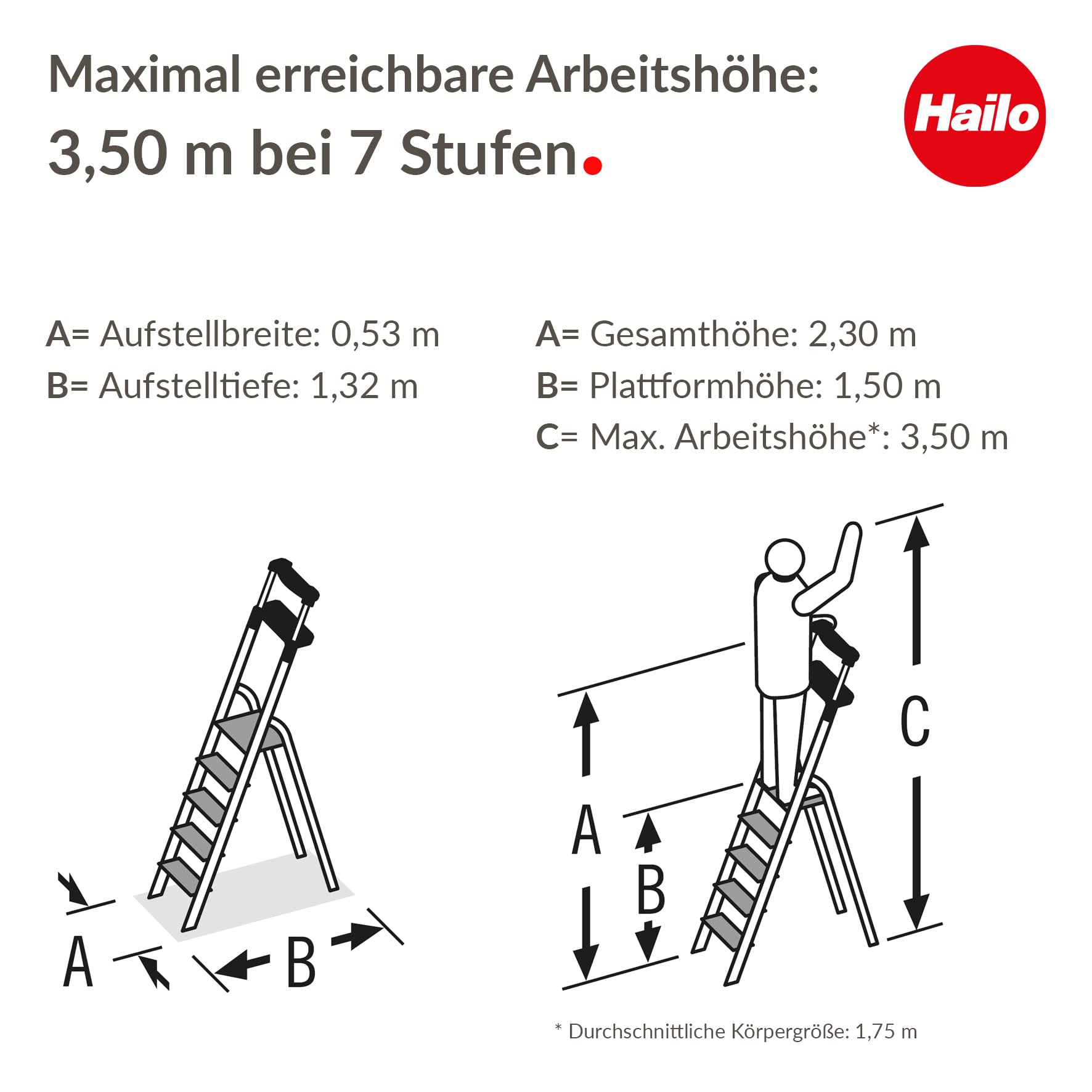 Hailo Stehleiter TopLine, 7 XXL-Sicherheits-Stufen bis 150kg, Aluminium Leiter mit ausziehbarem Haltebügel & Plattformverriegelung, klappbare Aluleiter, Schwarz, aktuelles Modell L100, made in Germany