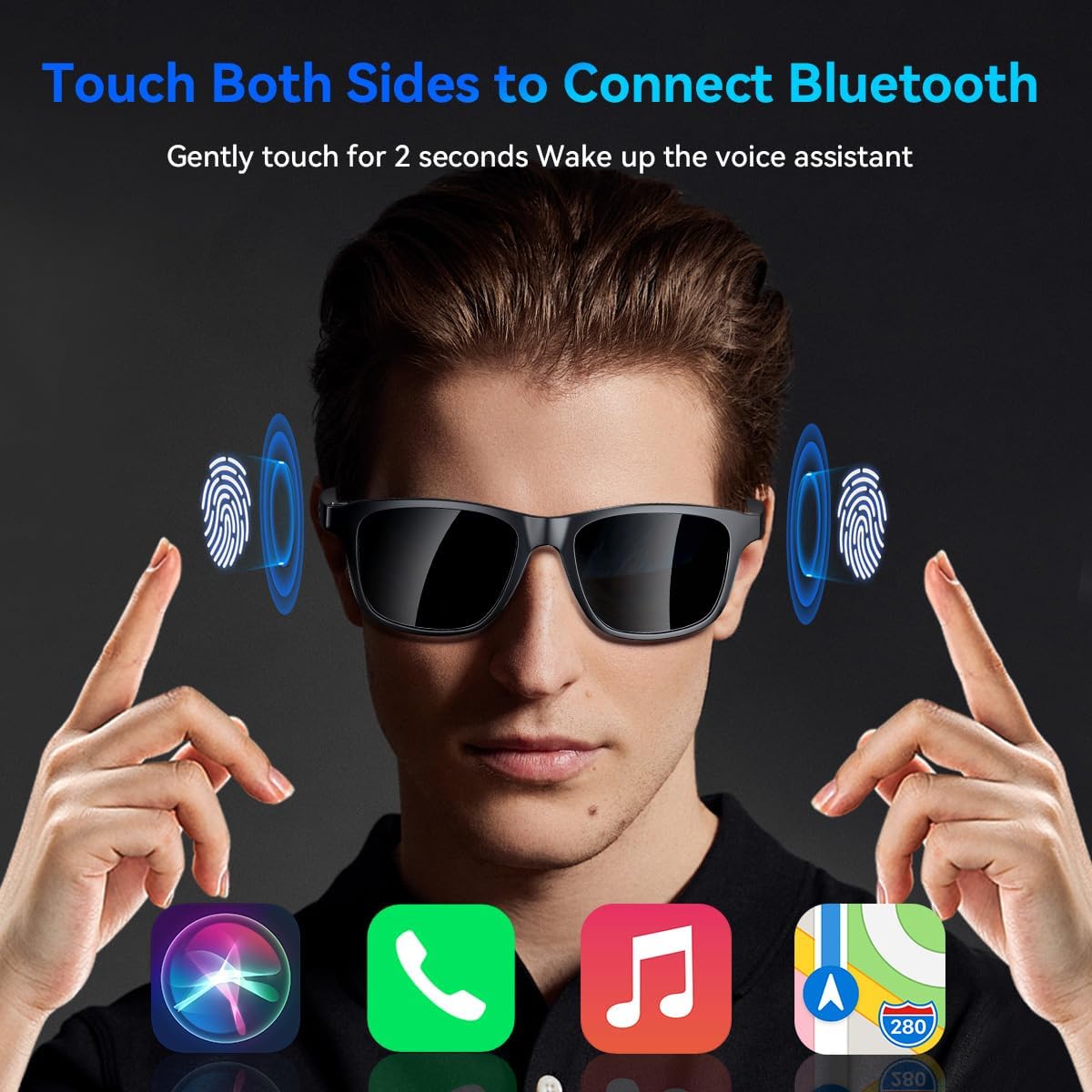 Diagram showing touch control functions on smart glasses