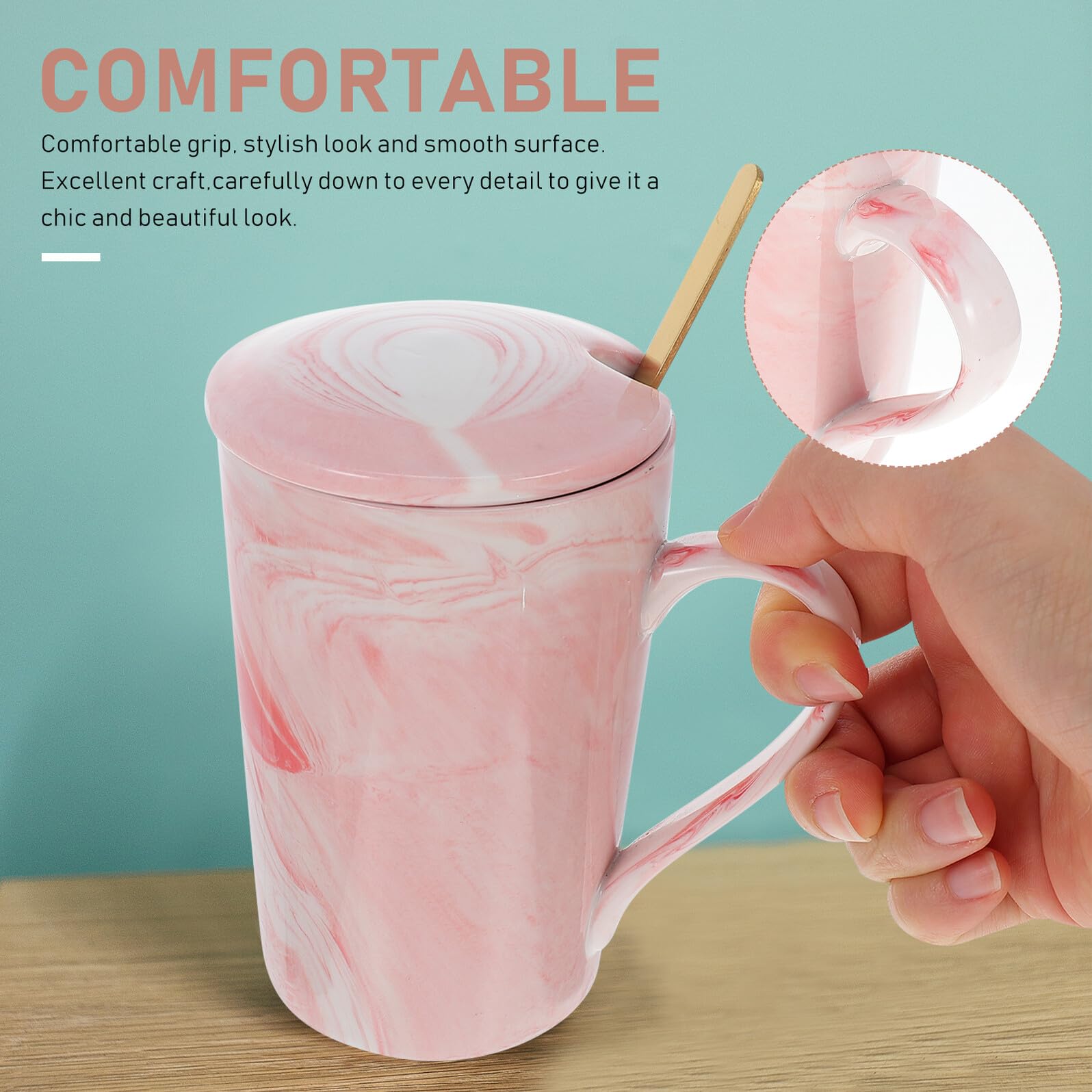 Tazas de Café de Mármol de Cerámica 2 Piezas Tapa y Cuchara Juego de Vasos para Beber Agua y Té en Casa U Oficina Diseño Moderno en Rosa y Gris para Obsequio