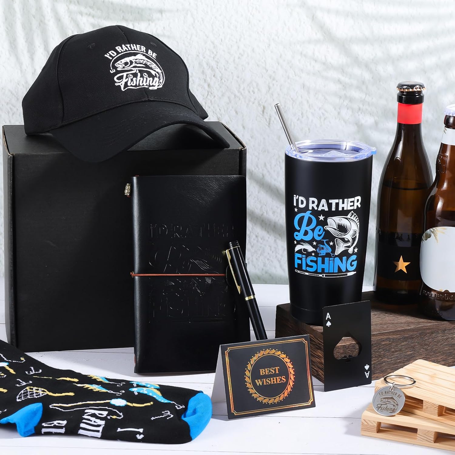 8 Pieces Fishing Gifts Sets Christmas Gifts for Man, I'd Rather Be Fishing Box Set with Tumbler, Baseball Cap, Journal, Socks, Keychain, Cards, Pen, Opener Men Father Papa Gift from Son Daughter - Image 4