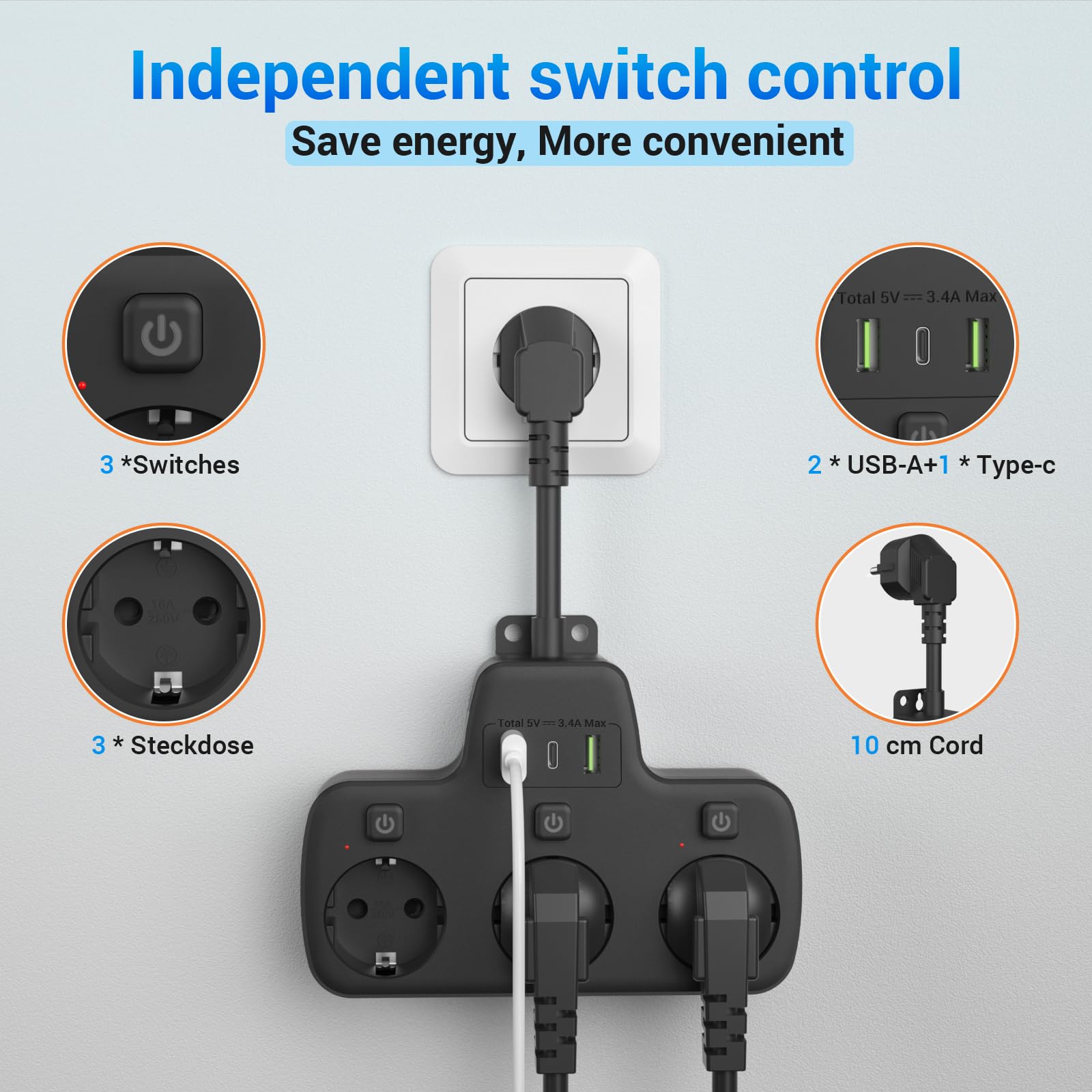 Presa Multipla con Interruttori Indipendenti, Ciabatta Multipresa con USB C, Multipresa da Parete 3 Prese e 3 USB Caricatori, Ciabatta Elettrica Presa Adattatore Schuko Salvaspazio Cavo 0,1 M,Nero