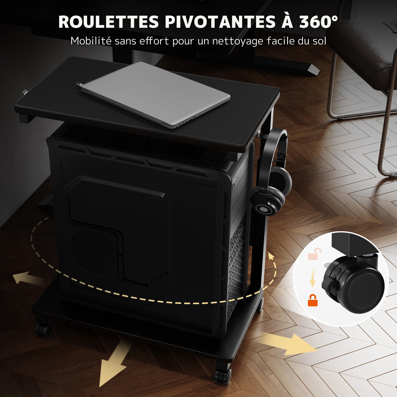 PUTORSEN Support Tour PC Réglable Hauteur à 2 Niveaux, avec Roulettes et Tapis de Souris, Support PC sous Bureau pour Boîtier ATX jusqu'à 40kg/Niveau, Support pour Imprimante de Bureau Domestique,Noir
