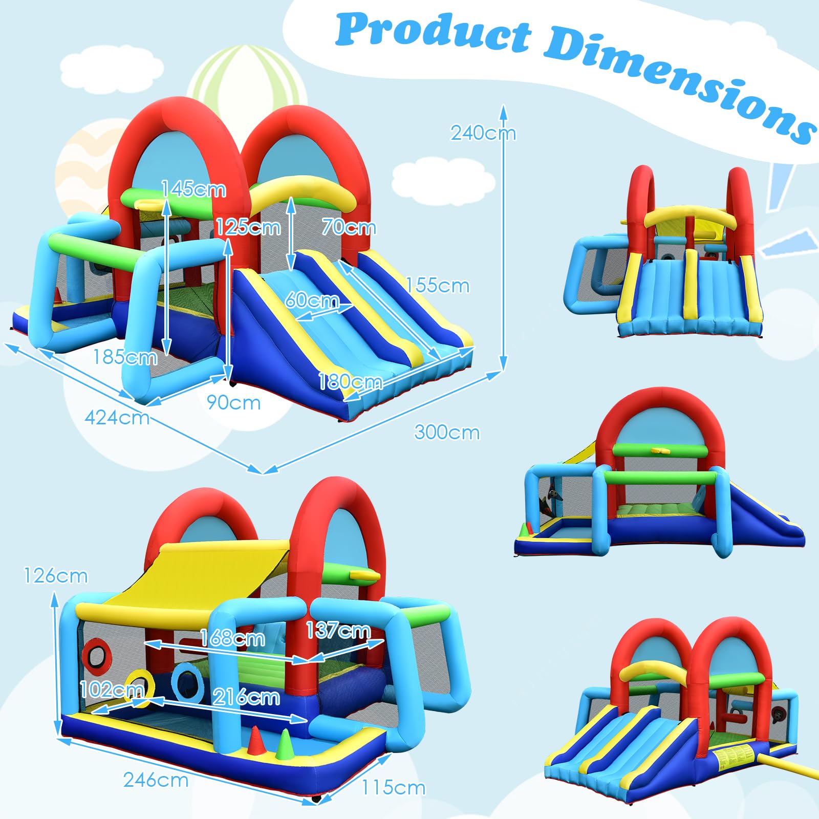COSTWAY Castello Gonfiabile per bambini, Casa Gonfiabile con Doppio Scivolo, Area per Saltare, Piscina, con Borsa di Trasporto e Kit di Riparazione, per 4 Bambini di 3-10 Anni (Con soffiatore)