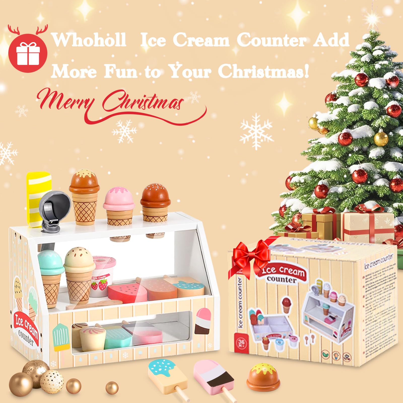 Juguetes de helado de madera para niños, juguete de simulación para niños pequeños, accesorios de cocina con cuchara, menú, dinero falso, juego de helado de cumpleaños, regalos de Navidad para niñas y 2