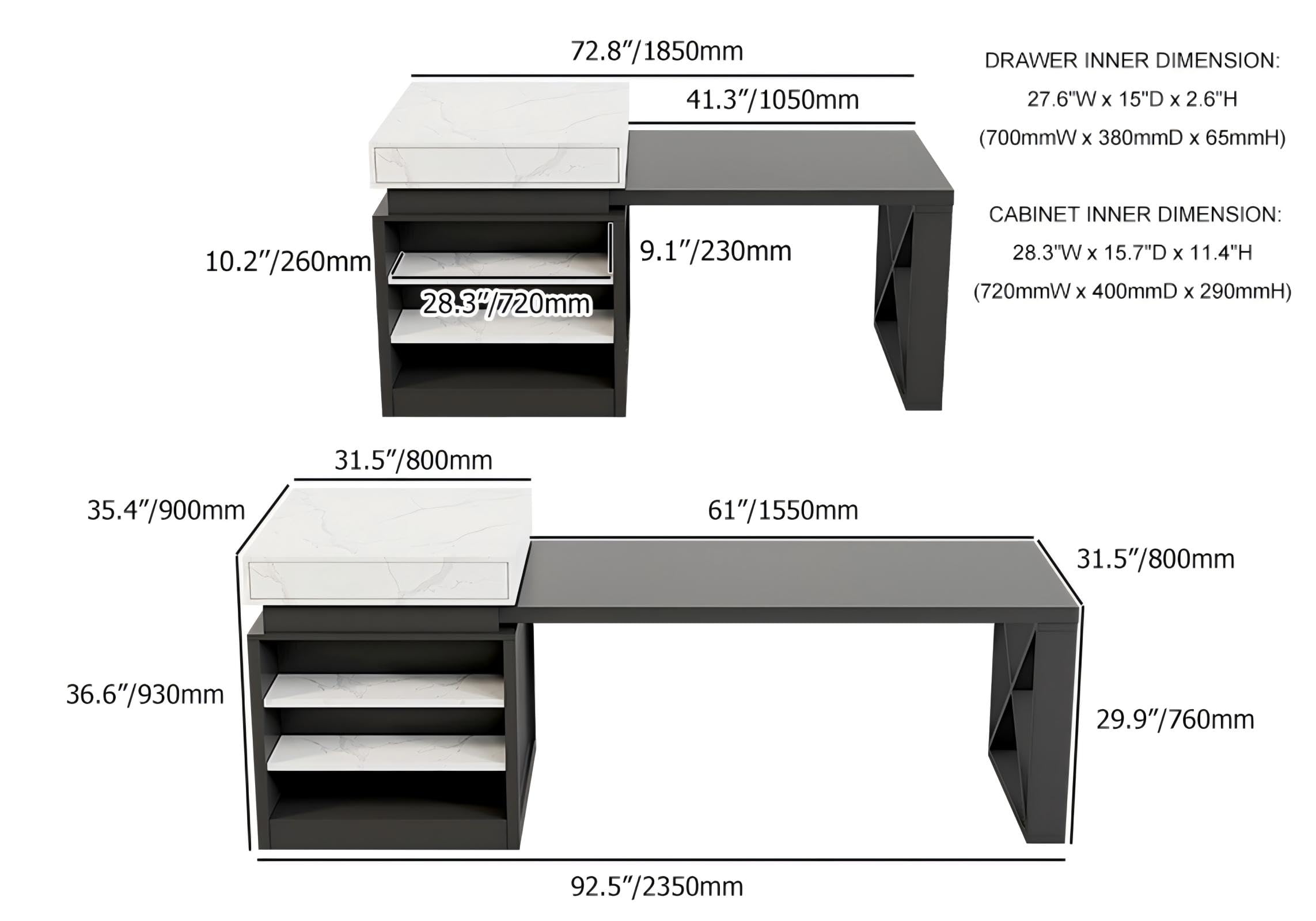 Homary Isla de Cocina Extensible con Almacenamiento múltiple para Cocina y Comedor, hacia la Derecha 185-235cm x 90cm (Blanco Mate y Negro)