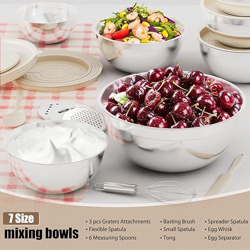 Miniatura 8 de Juego de 7 cuencos de acero inoxidable con tapas y 3 accesorios para rallar, tamaño 4.5, 4, 3.5, 2.1, 1.5, 1.1, 0.7 cuartos de galón, juego de