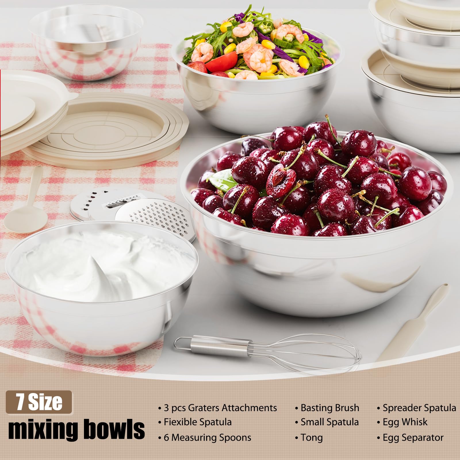 ENVTEK 7-teiliges Rührschüssel-Set aus Edelstahl mit Deckel und 3 Reibeaufsätzen - Größe 4,5, 4, 3,5, 2,1, 1,5, 1,1, 0,7QT, Küchenhelfer-Set zum Kochen, Backen und Servieren, Khaki