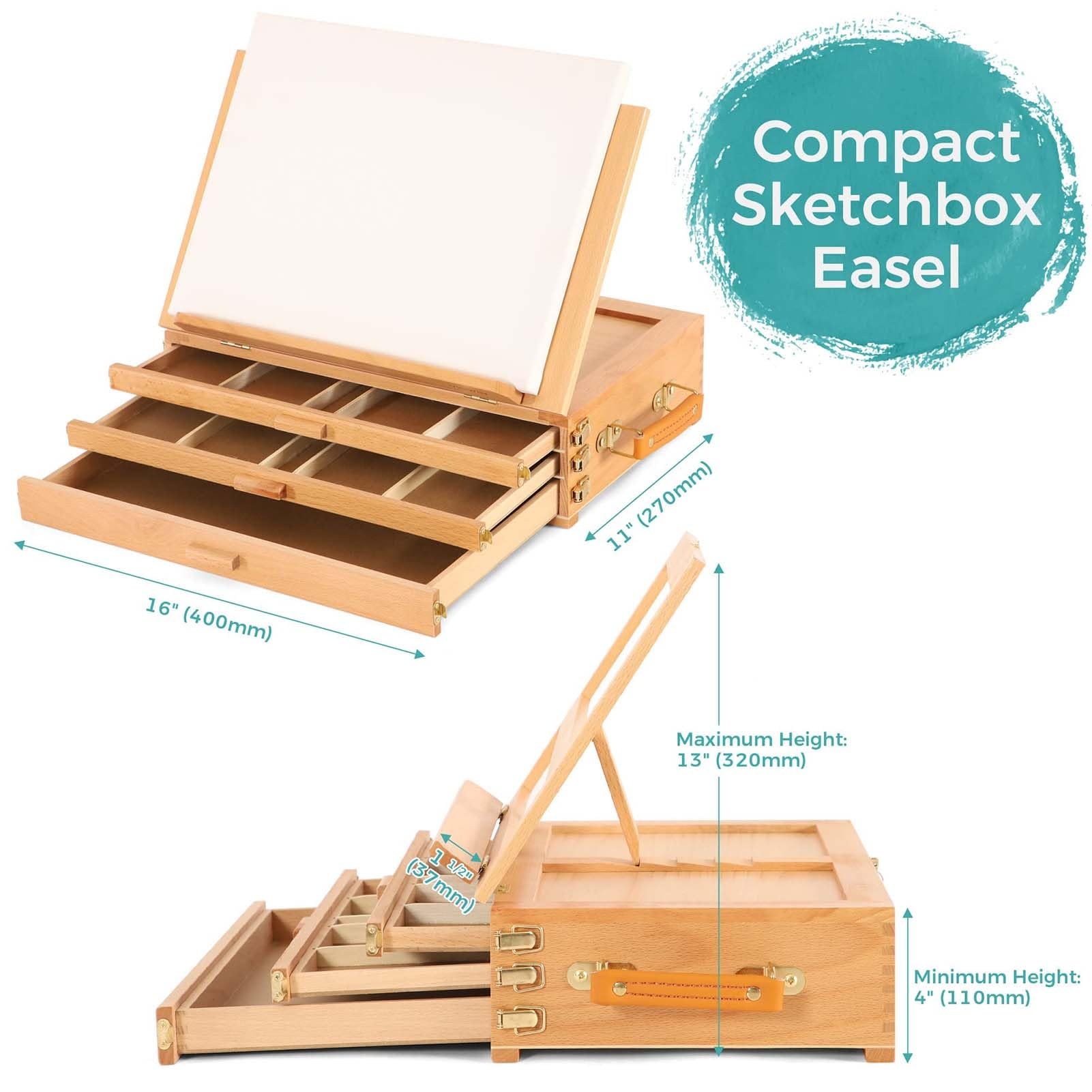 Caballete de mesa para pintar, caballete de madera de haya ajustable con 3 cajones de almacenamiento, caballete de viaje de escritorio para adultos, artistas y estudiantes