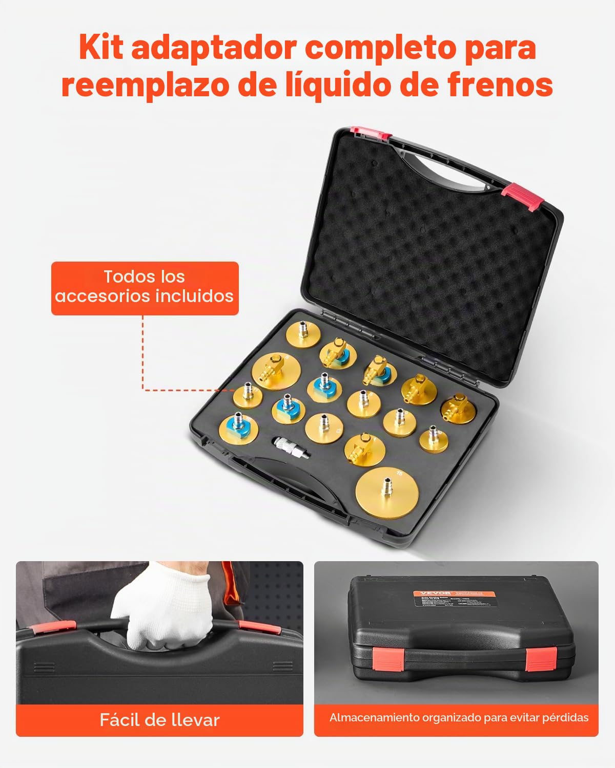 VEVOR Kit de Purga de Frenos Maestro, 17 uds, Juego de Adaptadores de Purga de Frenos Profesional con Kit Completo y Manija, Apto para la Mayoría de Vehículos Nuevos y Viejos, 360 x 310 x 90 mm