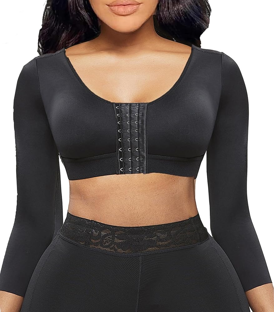 Bafully Women Compression Arm Shaper Sleeves Crop Tops With Post Surgery Front Fastening Sports Bra Black