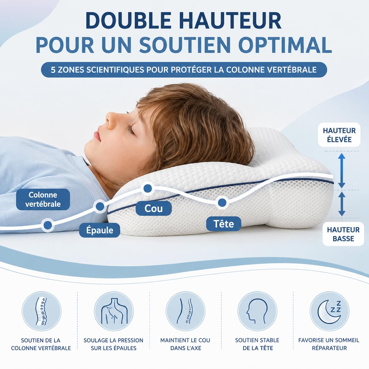 DZ'HUE Oreiller Ergonomique Enfant, 2027 Nouveau Oreiller Enfant, Oreiller Postural Enfant, Toutes Les Saisons,LéGer Et Respirant pour Le Sommeil des Enfants. (H2 (3 À 8 Ans))
