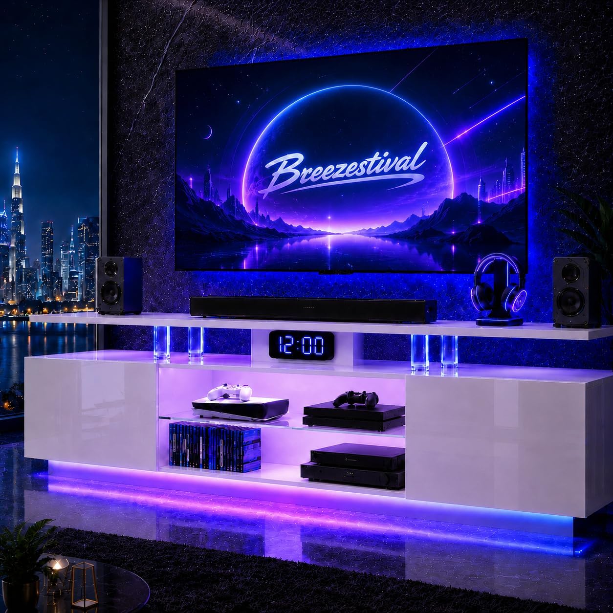 70'' High-Glossy TV Stand with 2 Side Cabinets, Modern Stylish TV Console with 3 Layer LED Lights,Modern Entertainment Center with Adjustable Glass Shelf with Remote&APP Control, White