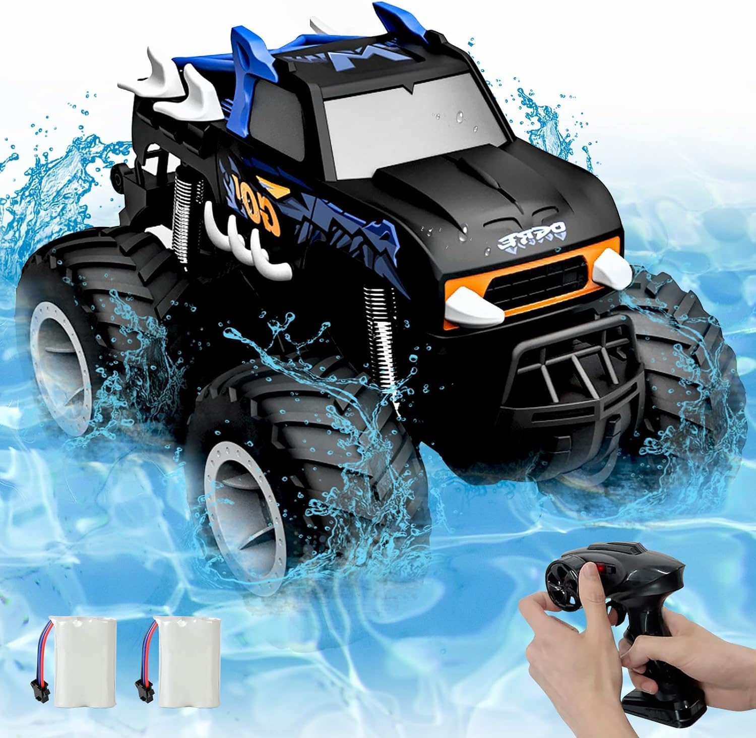 Remote Control car,1:16 Scale Monster Design Truck, 2.4GHz RC Crawler, All Terrain 4WD, 360° Flips,Amphibious RC Vehicle, with 2 Rechargeable Batteries,Toys Gift for Kids Boys Girls(Blue)
