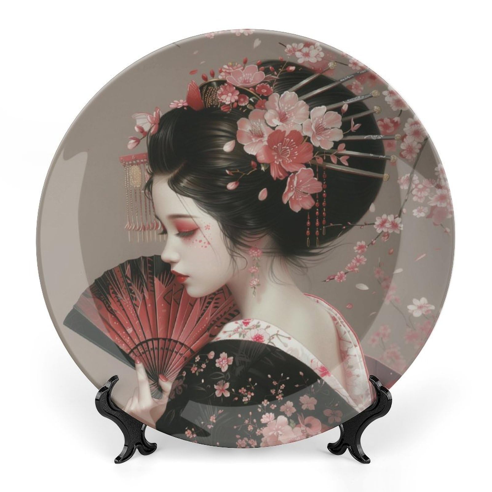 WNICELIN Japanese Cherry Blossom Geisha Bone China Decorative Plate Ceramic Decorative Plate for Home Office Wall Decor, with Vertical Stand Decorative Plates for Home Club