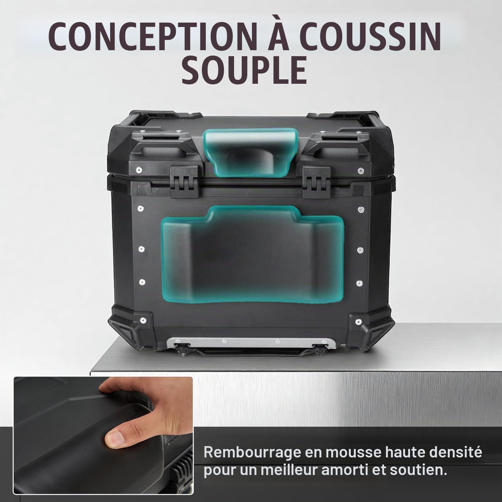 Top Case Universel pour Moto 45L, avec Dossier et Serrure de Sécurité, Coffre de Rangement pour Casque de Moto Étanche, Aluminium，Support de Fixation Universel (Noir)