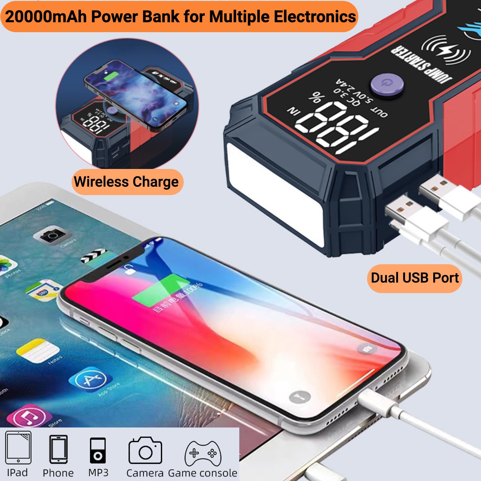 Urządzenie ułatwiające rozruch samochodu, 800 A 20000 mAh, zestaw akumulatorów awaryjnych do silników wysokoprężnych 12 V 3,0 l, silniki benzynowe 5,0 l, skrzynka wspomagająca rozruch akumulatora z 2