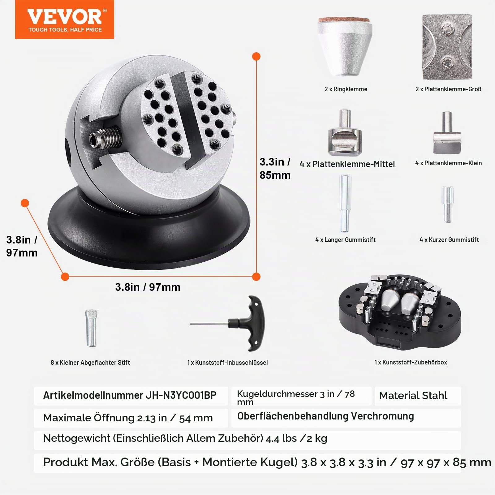 VEVOR Schmuck Kugelschraubstock Kugelschraubstock Gravierwerkzeug 78 mm Kugeldurchmesser, Jewellery Ball Vice Engraving 54 mm Max. Öffnung Professionelles Kugelschraubstock Werkzeug Verchromung