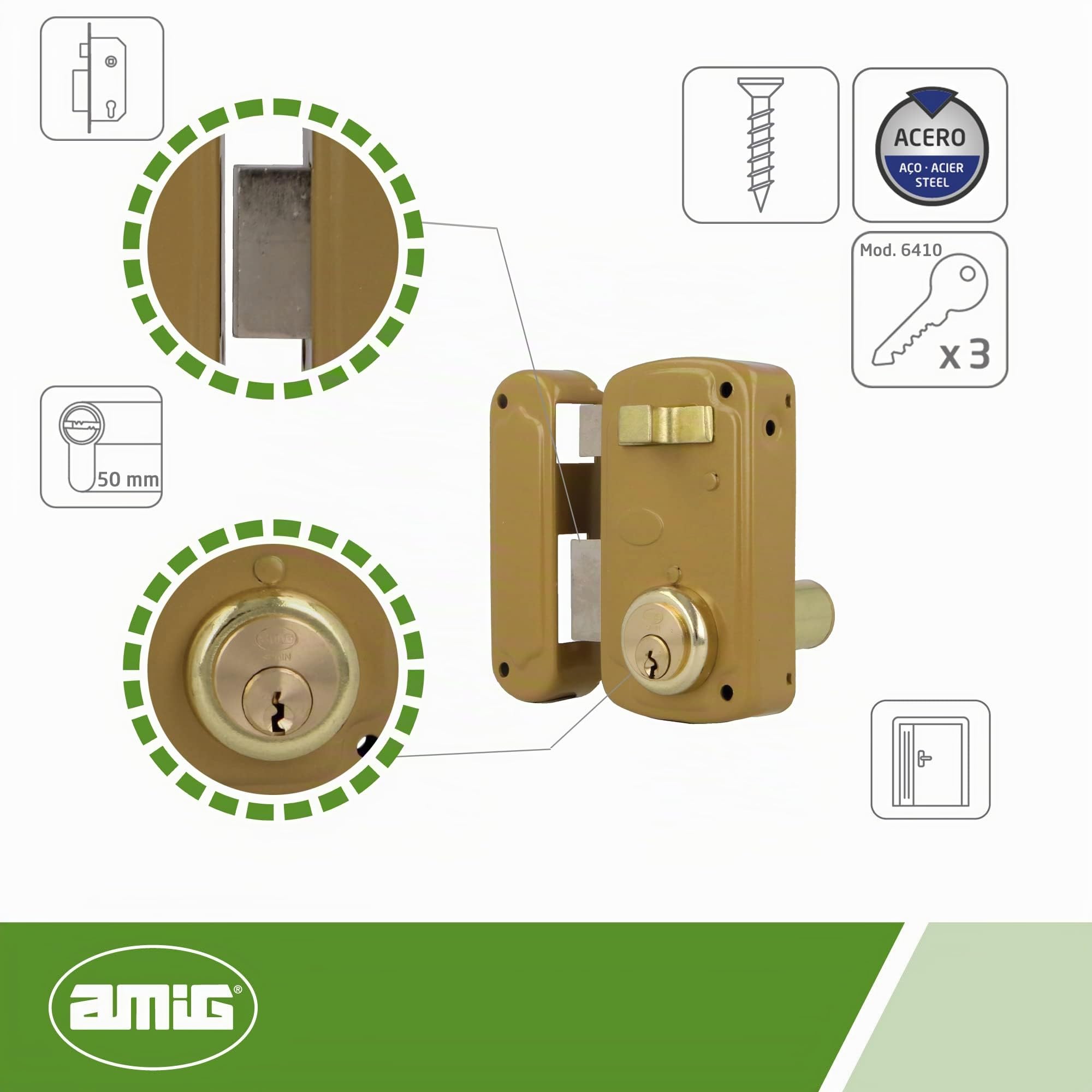 Amig - Serratura da sovrapposizione a sinistra con leva di chiusura, linguetta e maniglia per porte in legno mod. 75U 76 x 120 mm Cilindro rotondo di sicurezza in acciaio dorato