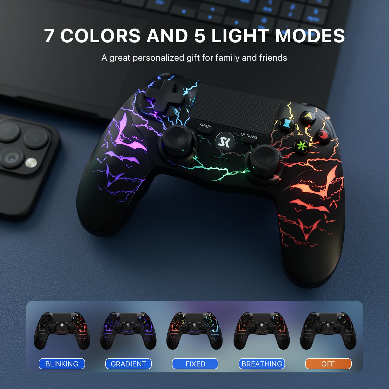 CHENGDAO CHENGDU Manette PS4 Sans Fil, Manette de Jeu pour PlayStation 4/Pro/Slim avec Éclairage RVB Réglable, Batterie 1000mAh, Capteur de Mouvement 6-Axes, Double Vibration, Jack Audio 3.5mm