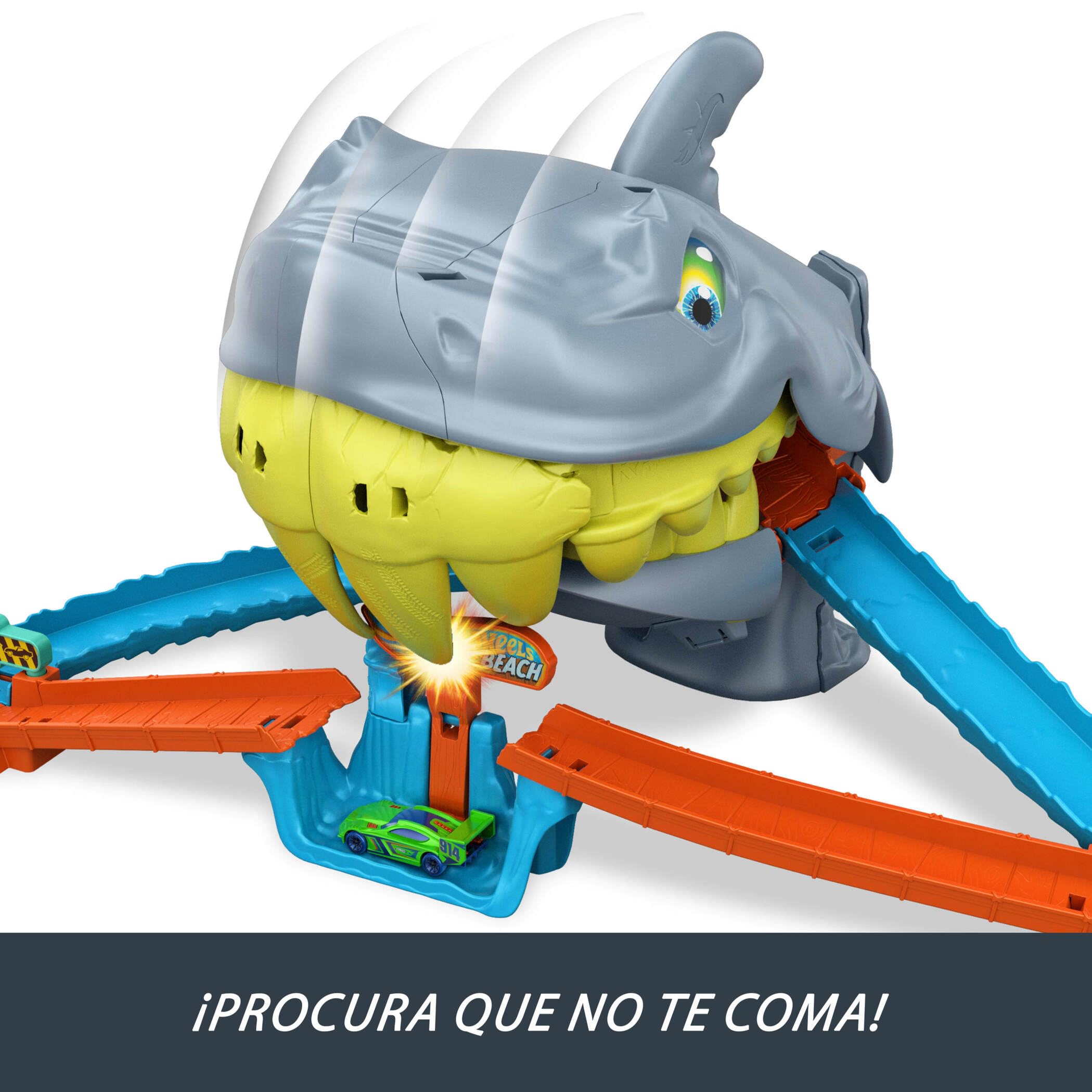 Hot Wheels Conjunto de Juego con Pista y vehículo metálico de Juguete a Escala 1:64, Playa del tiburón mordedor 2 Formas de Jugar, noquea al tiburón o te devorará, JHL96